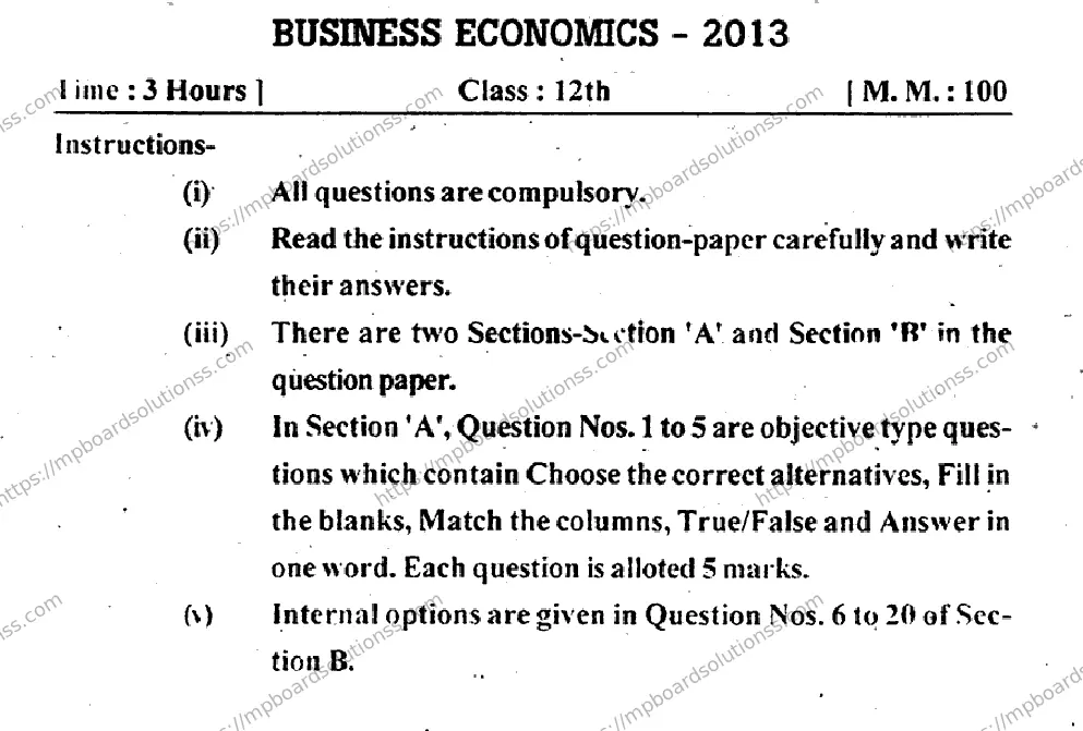 MP Board Class 12 Business Economics EM-847889 Final Paper 2013 Image 1