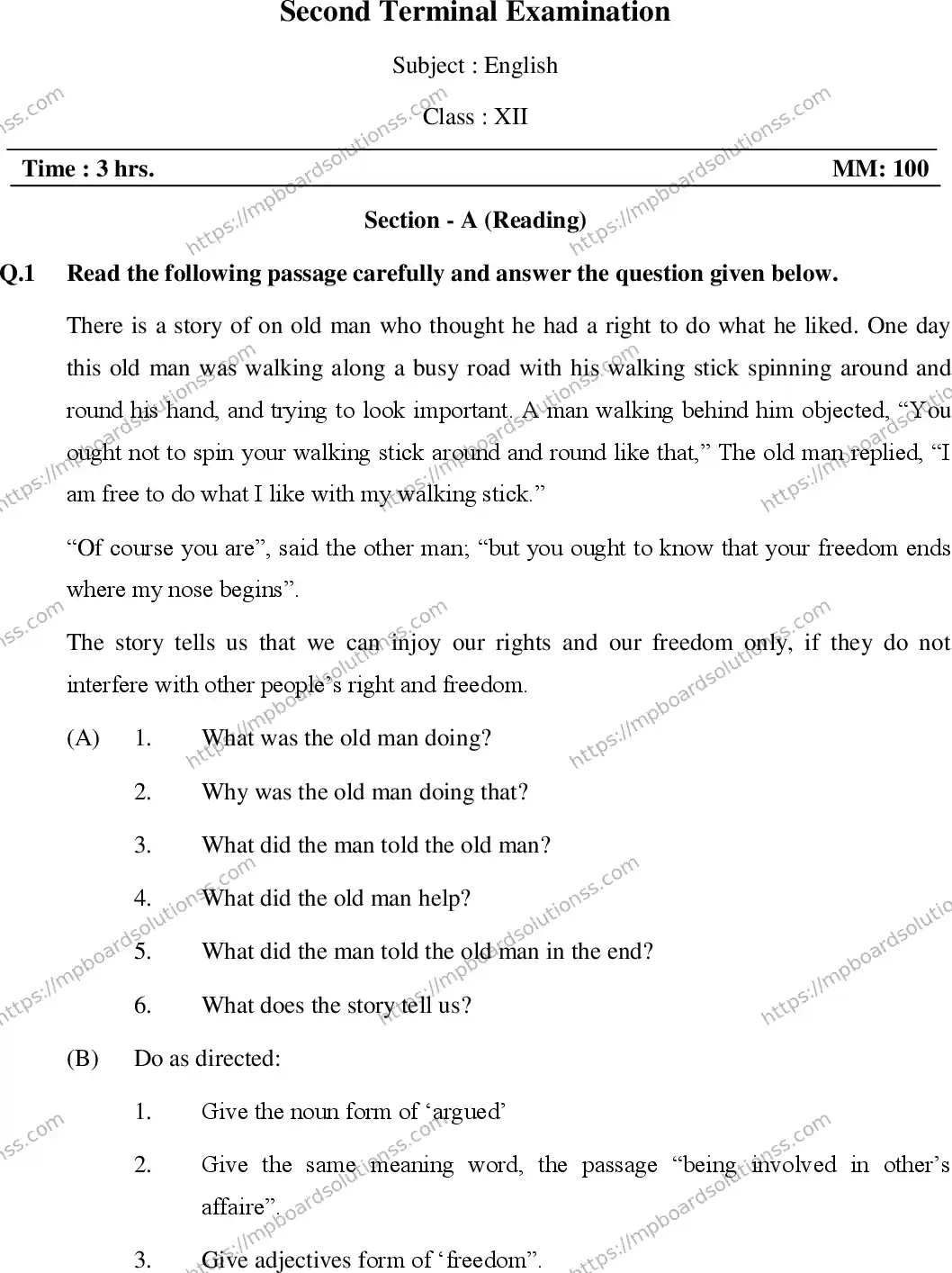 MP Board Class 12 English-790200 Final Paper 2016 Image 1