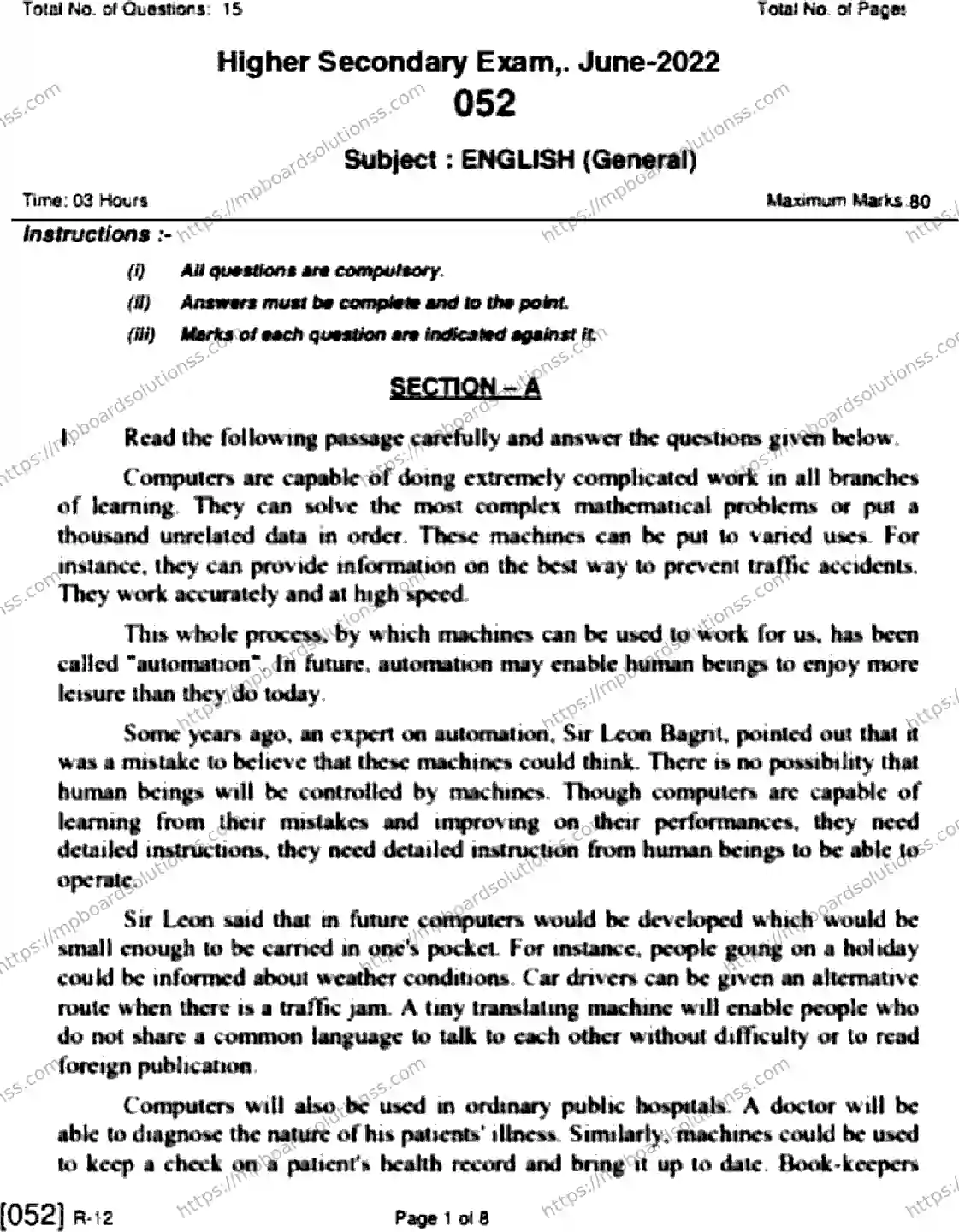 MP Board Class 12 English General HE Supplementary-600595 Final Paper 2022 Image 1