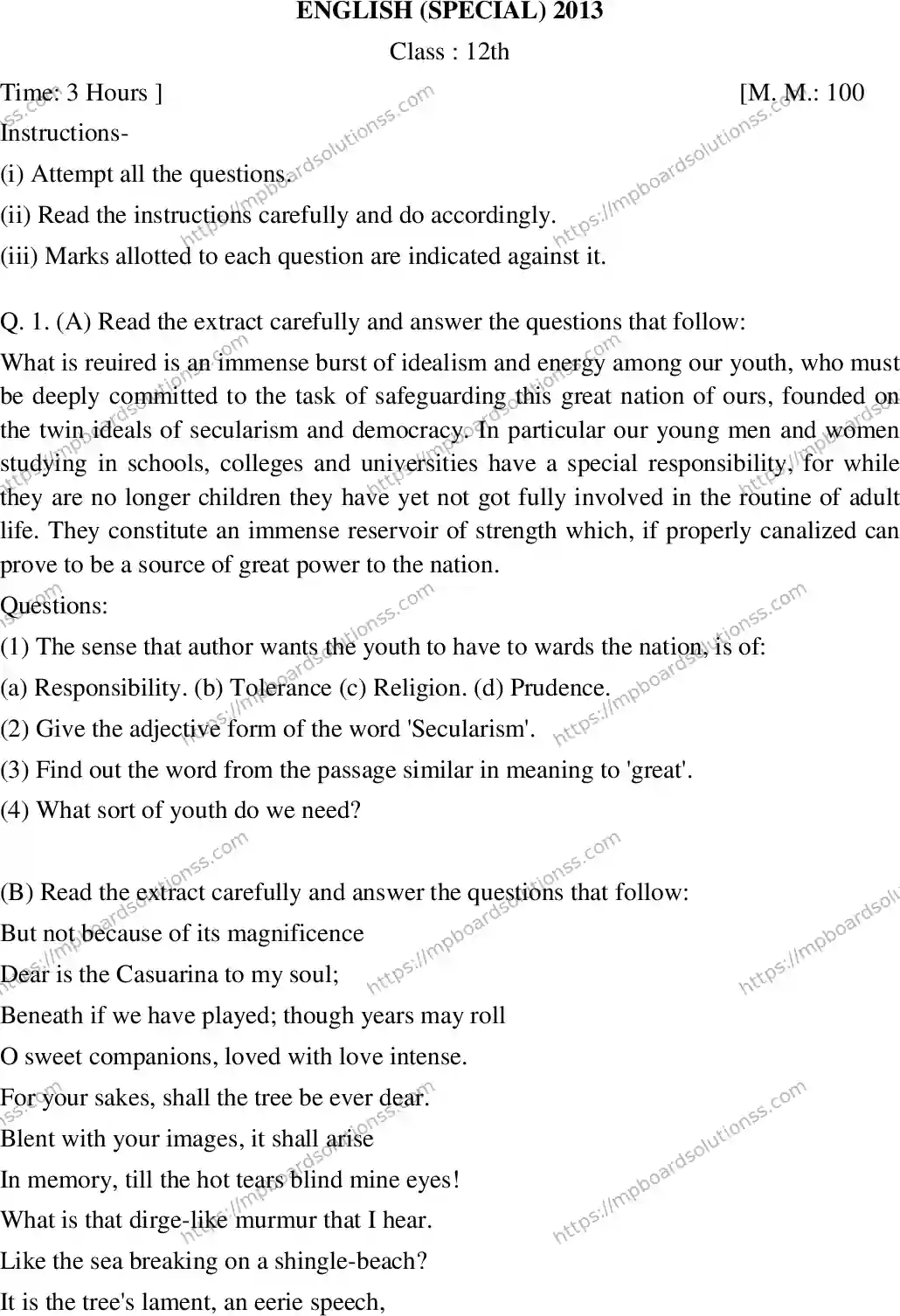 MP Board Class 12 English Special-255210 Final Paper 2013 Image 1