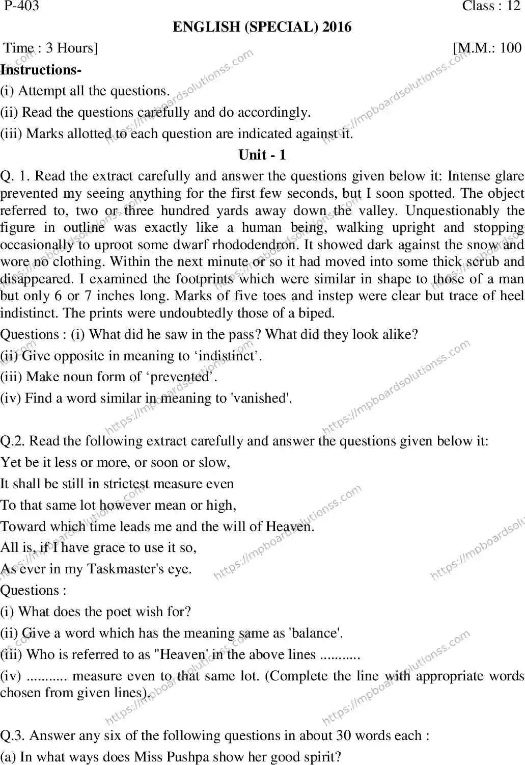MP Board Class 12 English Special-662304 Final Paper 2016 Image 1