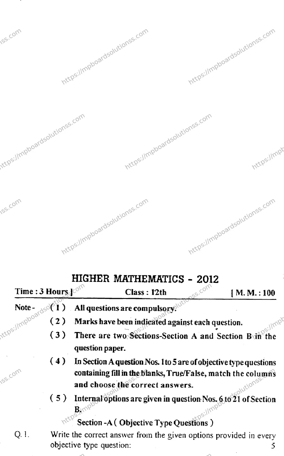 MP Board Class 12 Higher Mathematics EM-377169 Final Paper 2012 Image 1