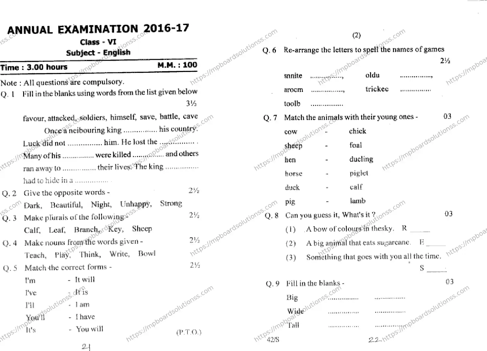 MP Board Class 6 English-224328 Final Paper 2016 Image 1