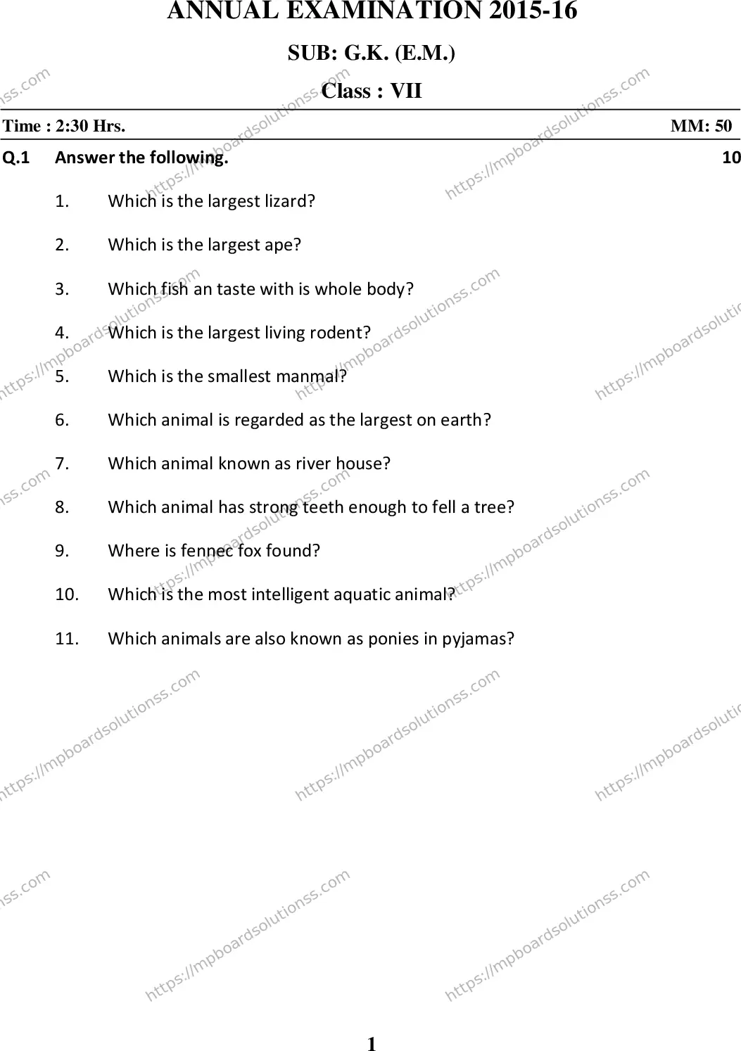 MP Board Class 7 Gk EM-464251 Final Paper 2016 Image 1