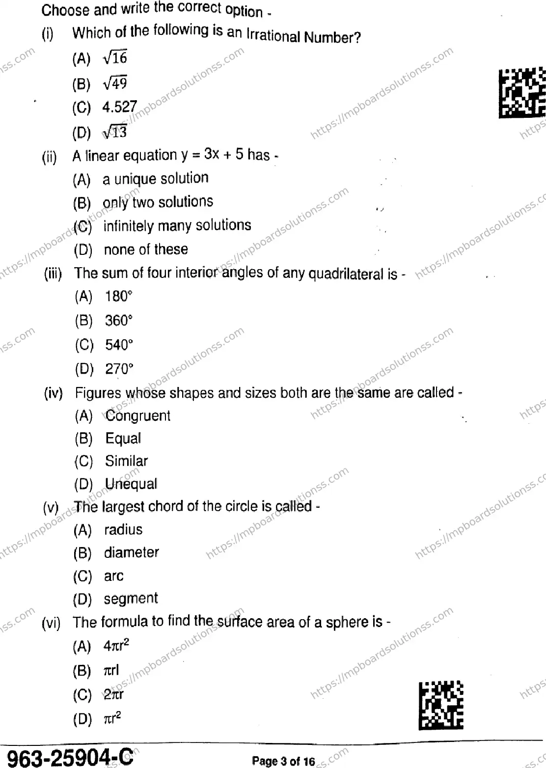 MP Board Class 9 Mathematics Basic-712828 Final Paper 2025 Image 3