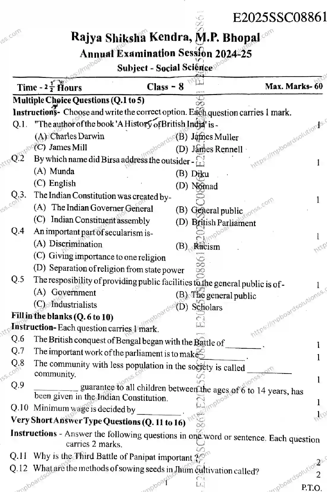 MP Board Class 9 Social Science-659840 Final Paper 2025 Image 1