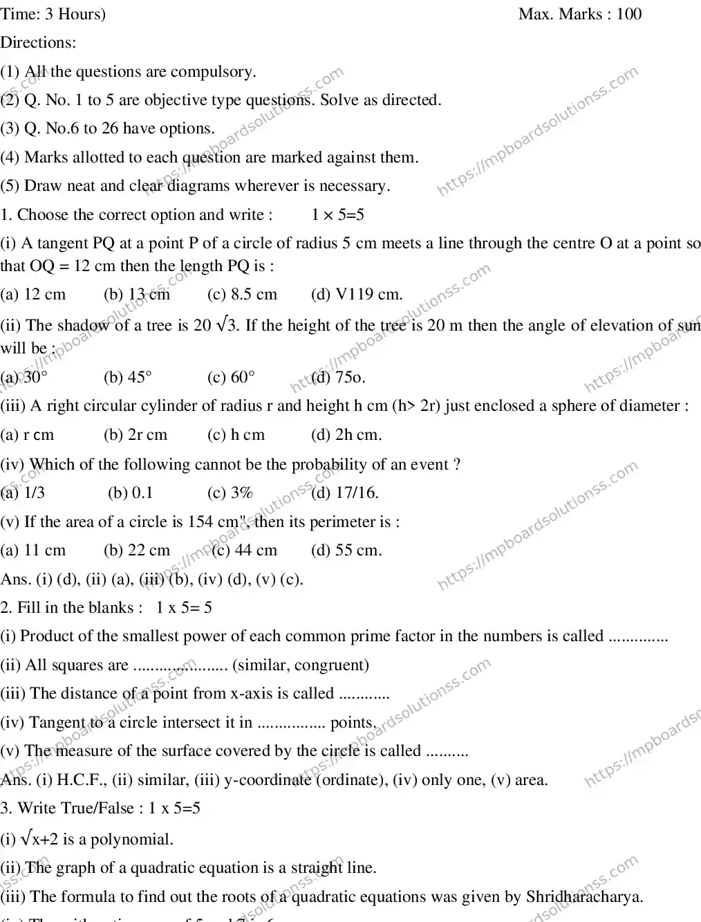 MP Board CLASS 10 EM-MATHEMATICS-SET-1 2020 Sample Paper Image 1