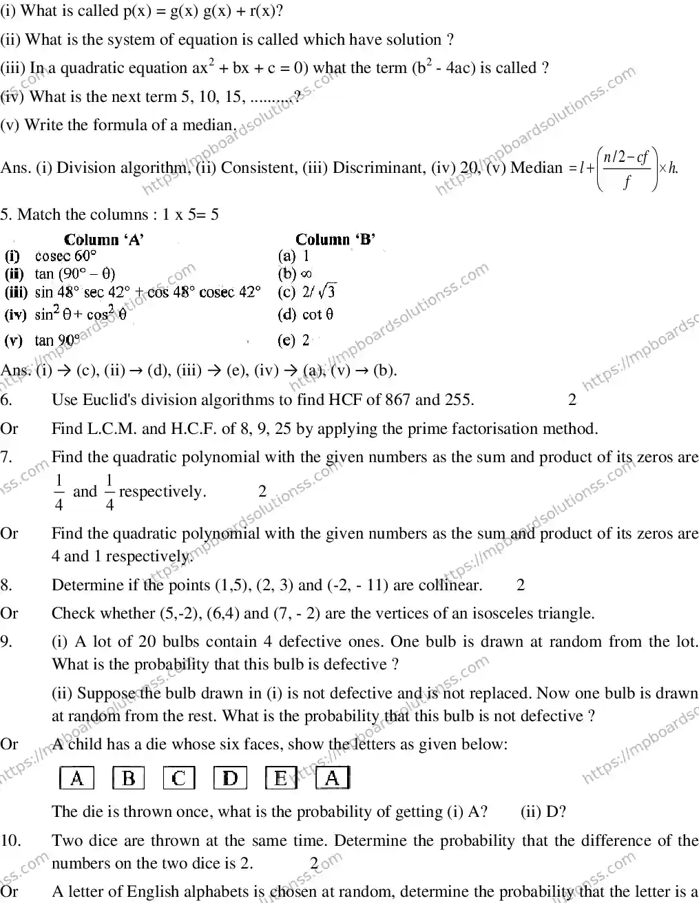 MP Board CLASS 10 EM-MATHEMATICS-SET-1 2020 Sample Paper Image 2
