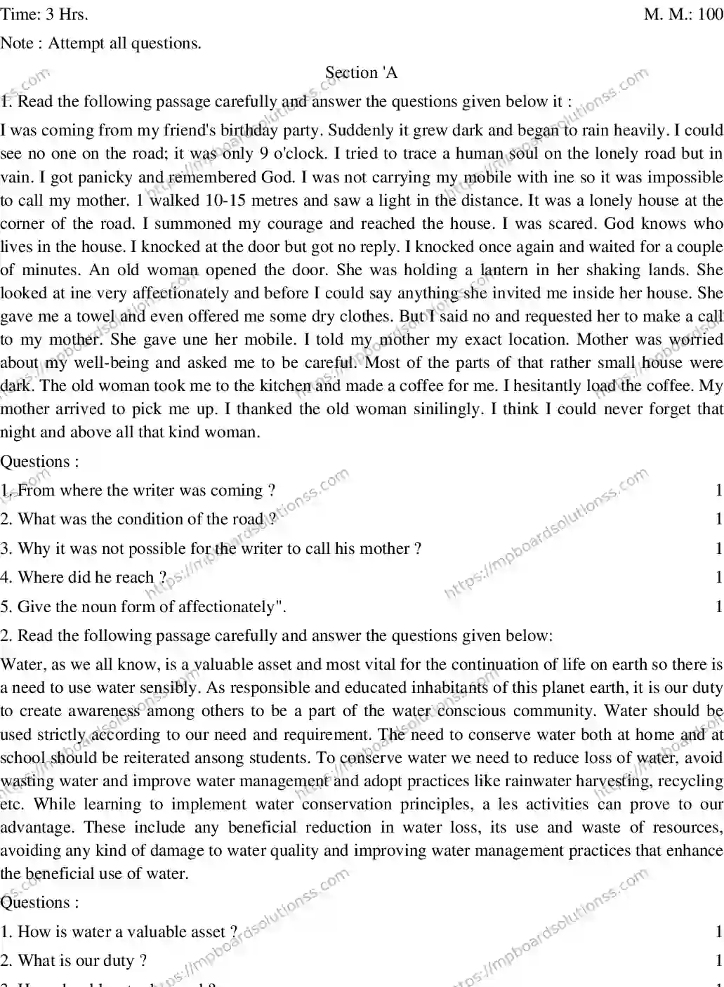 MP Board CLASS 10 ENGLISH-GENERAL-SET-1 2020 Sample Paper Image 1