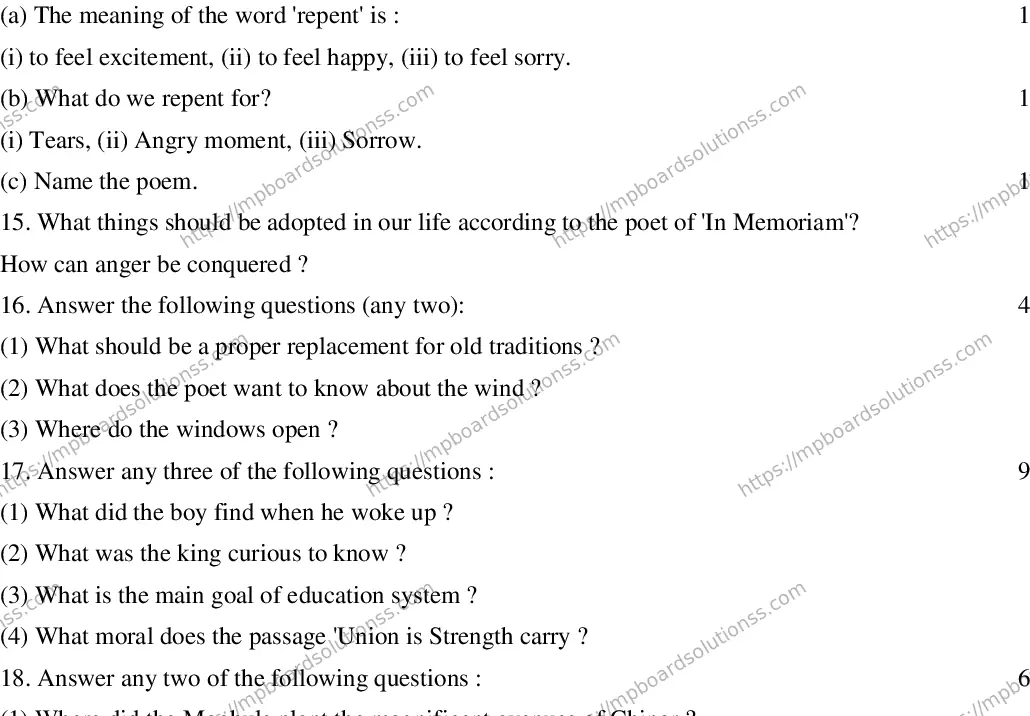 MP Board CLASS 10 ENGLISH-GENERAL-SET-1 2020 Sample Paper Image 5