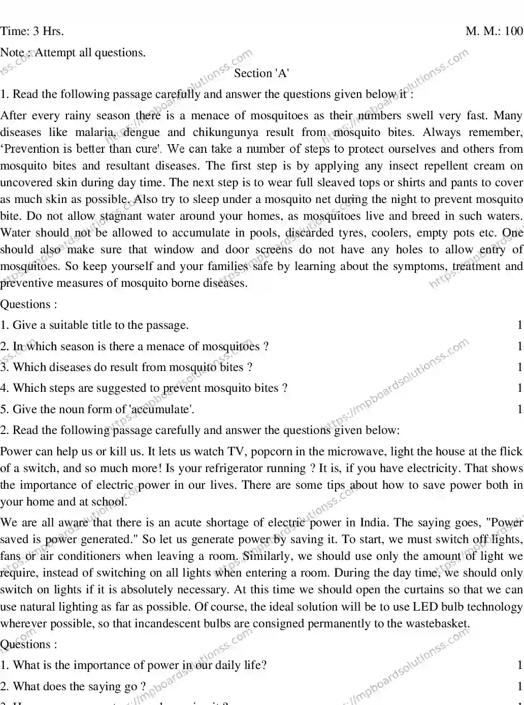 MP Board CLASS 10 ENGLISH-GENERAL-SET-3 2020 Sample Paper Image 1