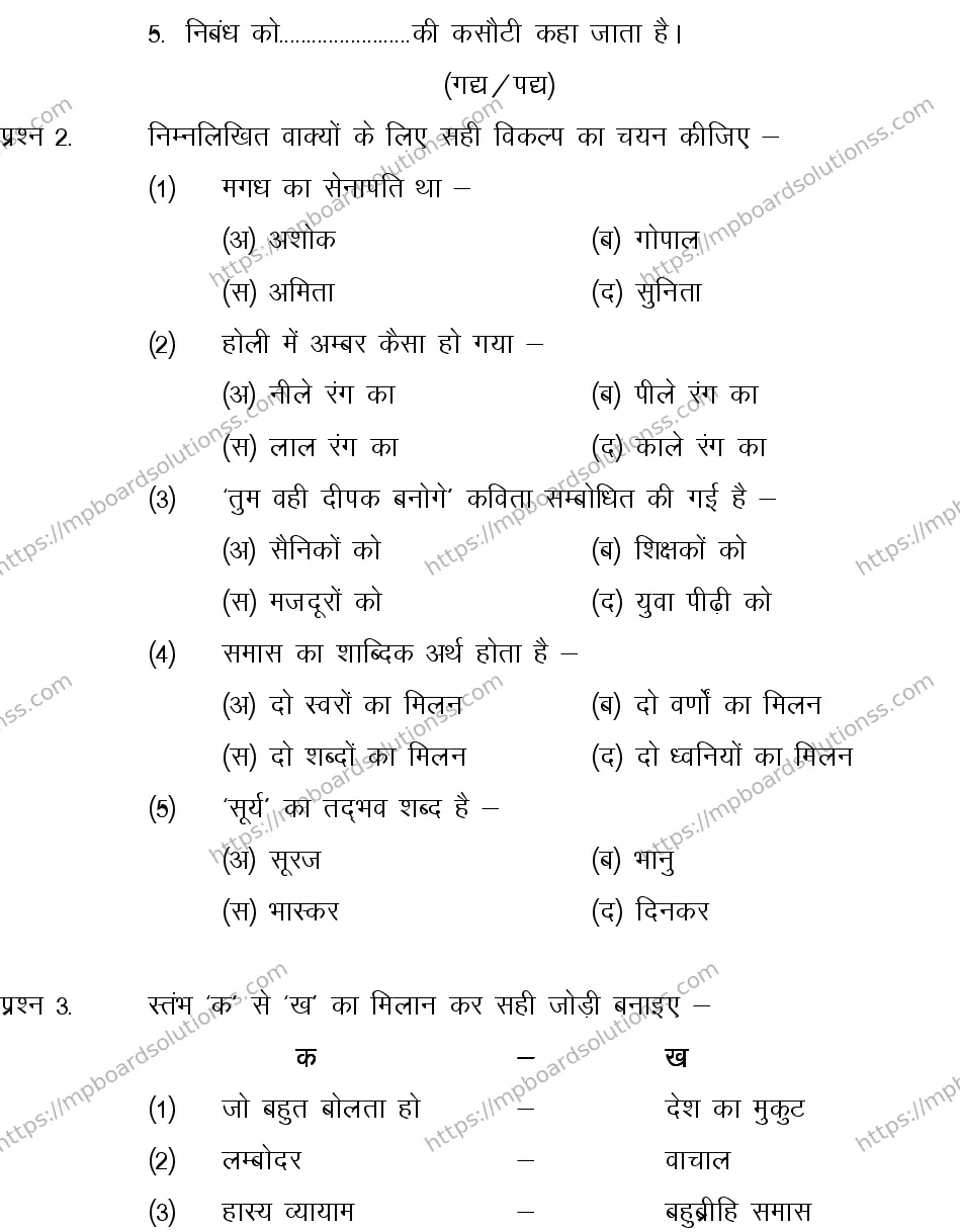 MP Board CLASS 10 HINDI-GENERAL-LANGUAGE-SET-4-3 2013 Sample Paper Image 2