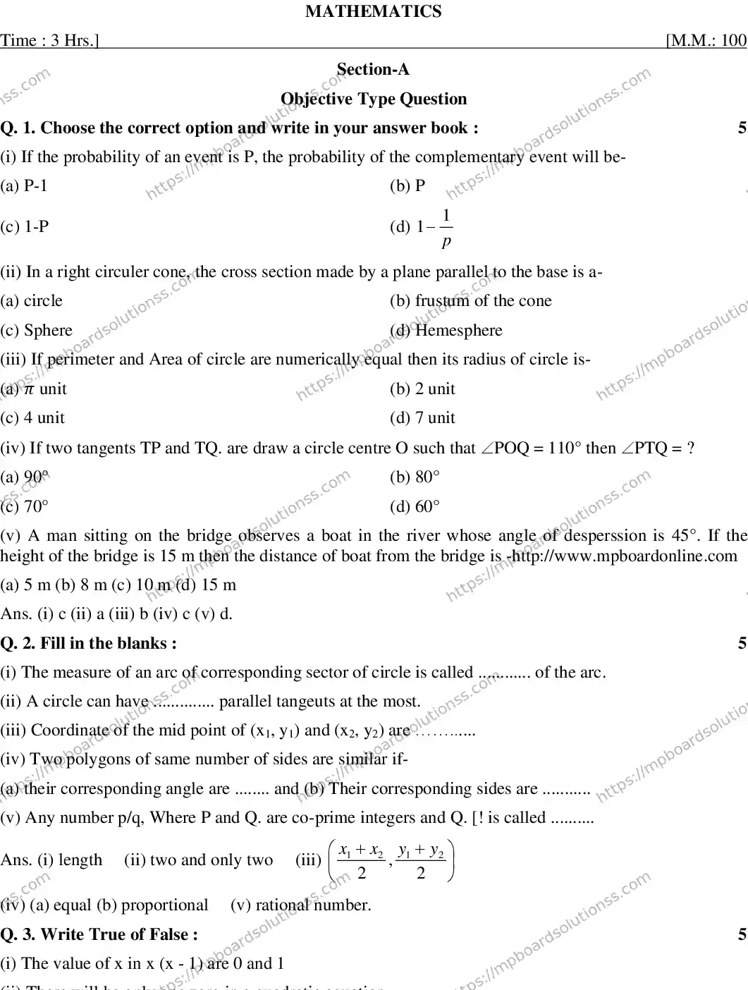 MP Board CLASS 10 MATHEMATICS-(ENGLISH)-23 2020 Sample Paper Image 1