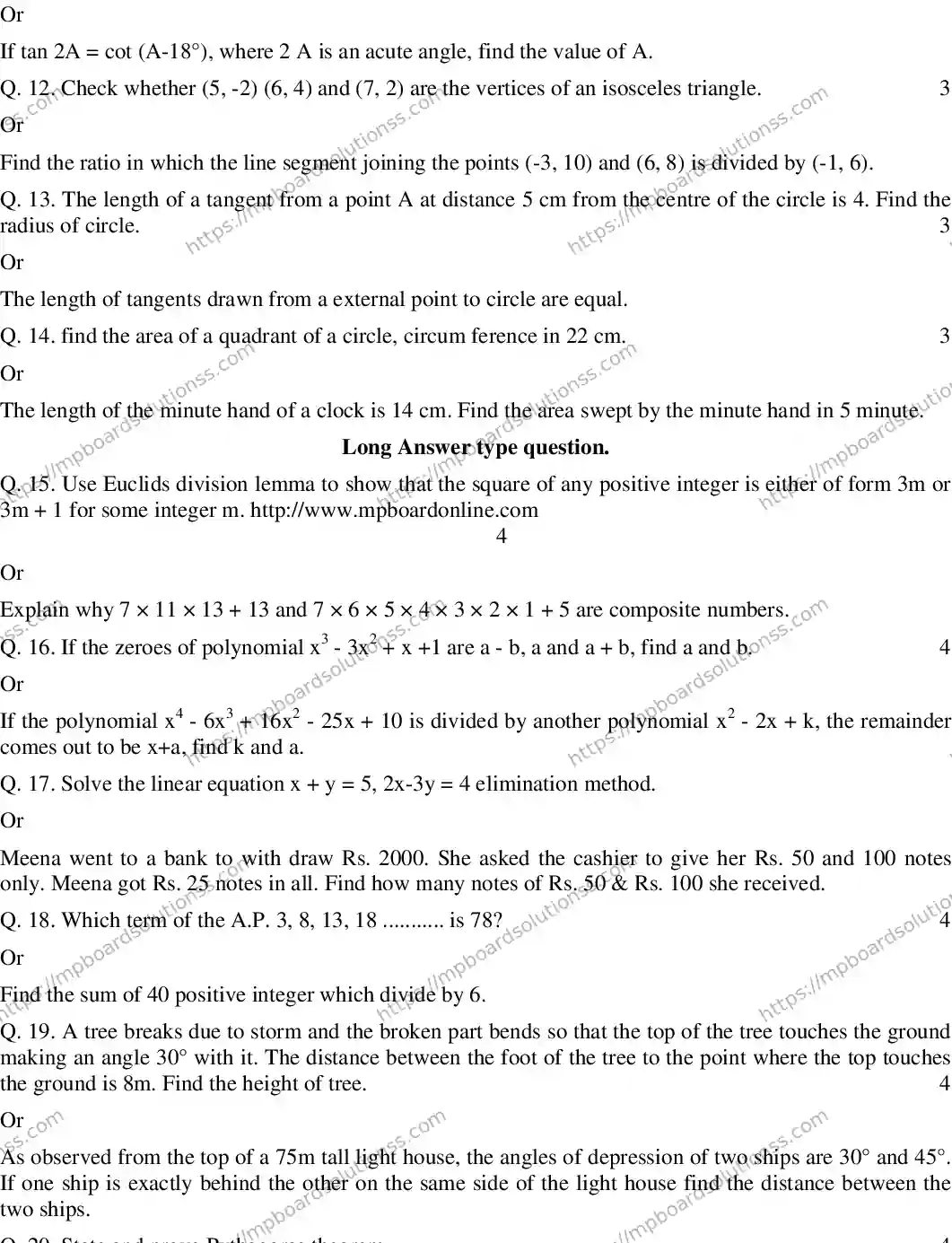 MP Board CLASS 10 MATHEMATICS-(ENGLISH)-23 2020 Sample Paper Image 3