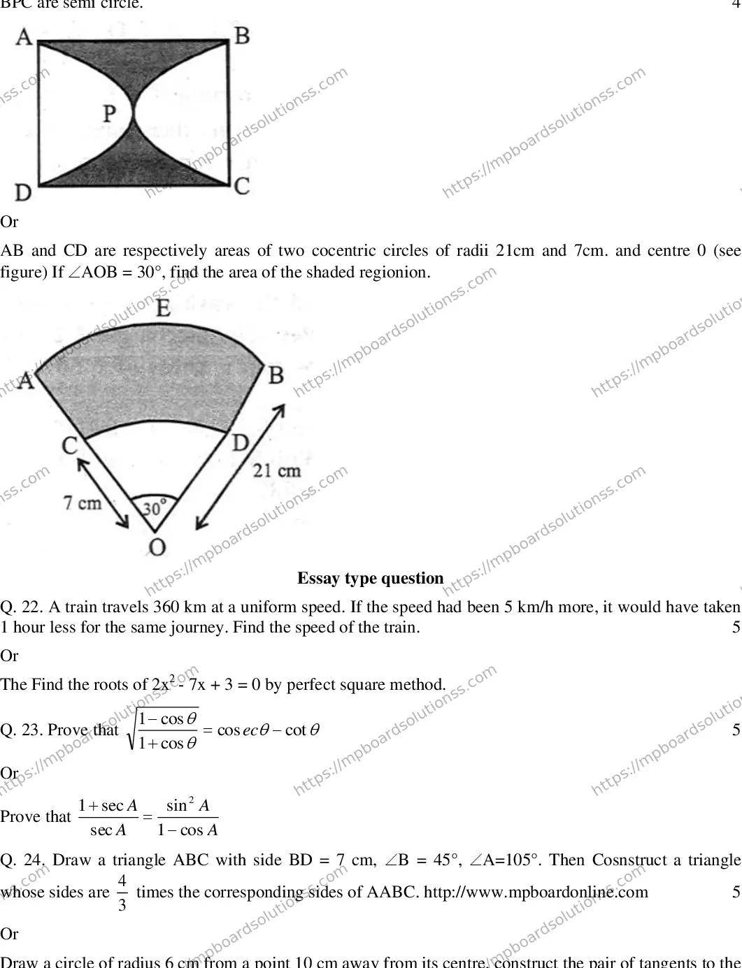 MP Board CLASS 10 MATHEMATICS-(ENGLISH)-23 2020 Sample Paper Image 4