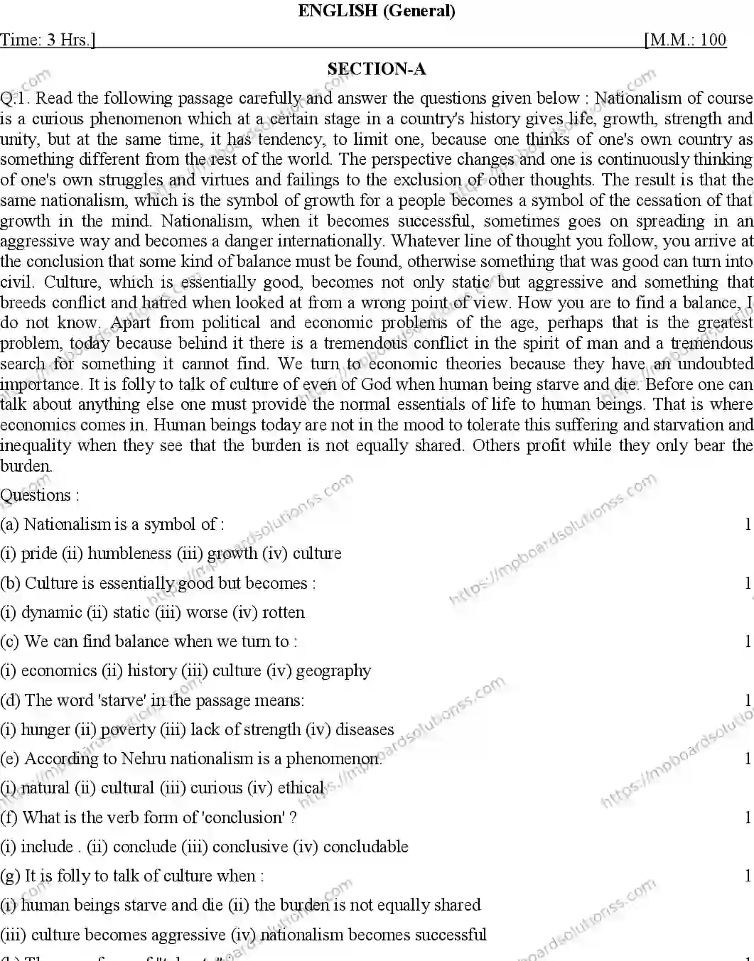 MP Board Class 12 ENGLISH-GENERAL-SET-A 2020 Sample Paper Image 1
