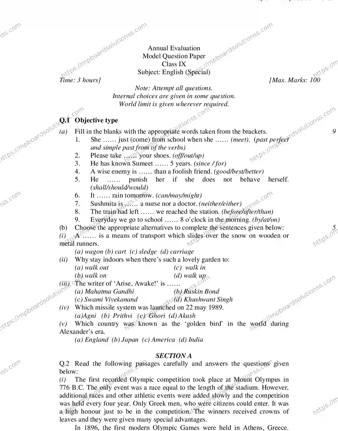 MP Board CLASS 9 ENGLISH-SPECIAL 2018 Sample Paper Image 1