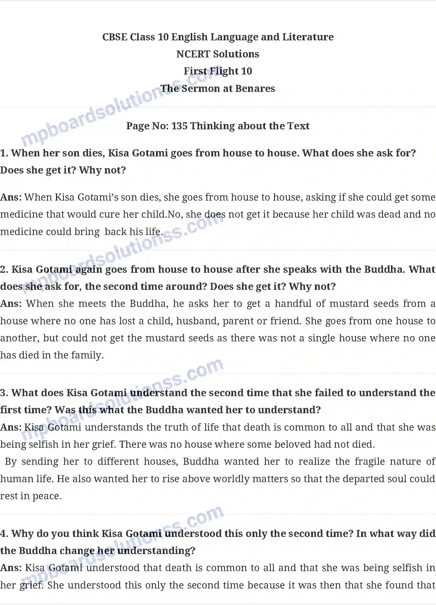 MP Board Book for Class 10 English The Sermon at Benares Image 1