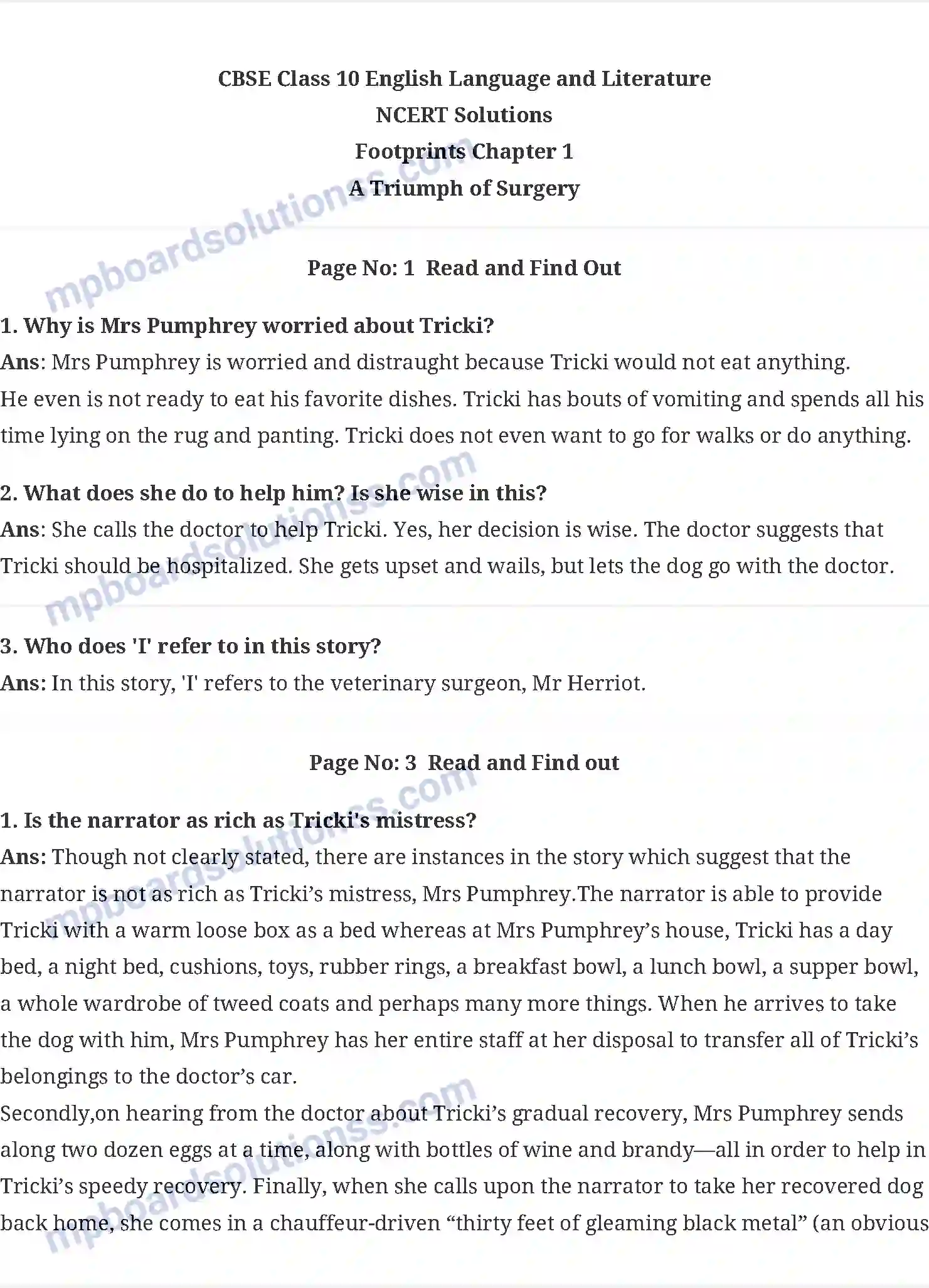 MP Board Book for Class 10 English A Triumph of Surgery Image 1