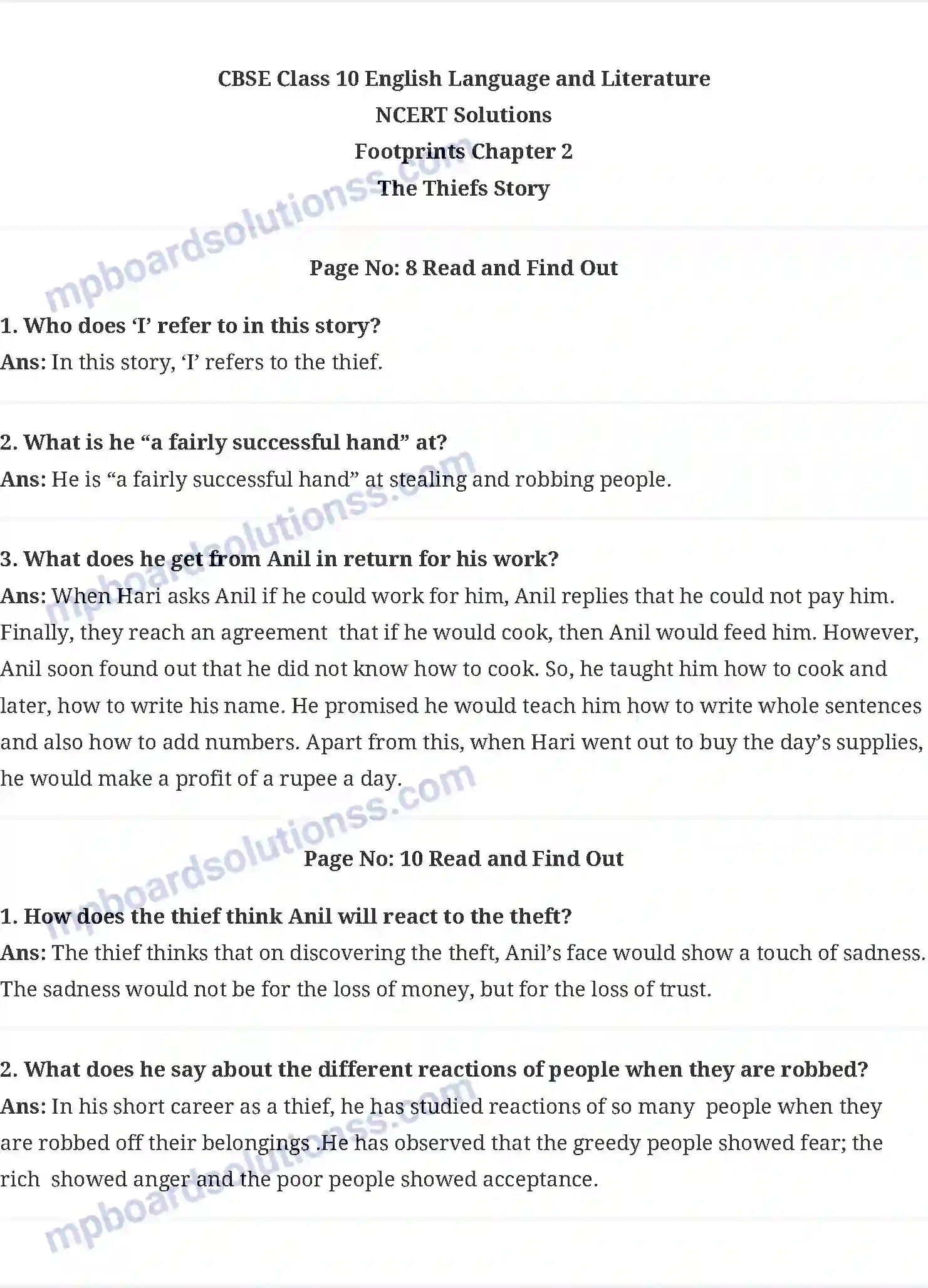 MP Board Book for Class 10 English The Thief&apos;s Story Image 1