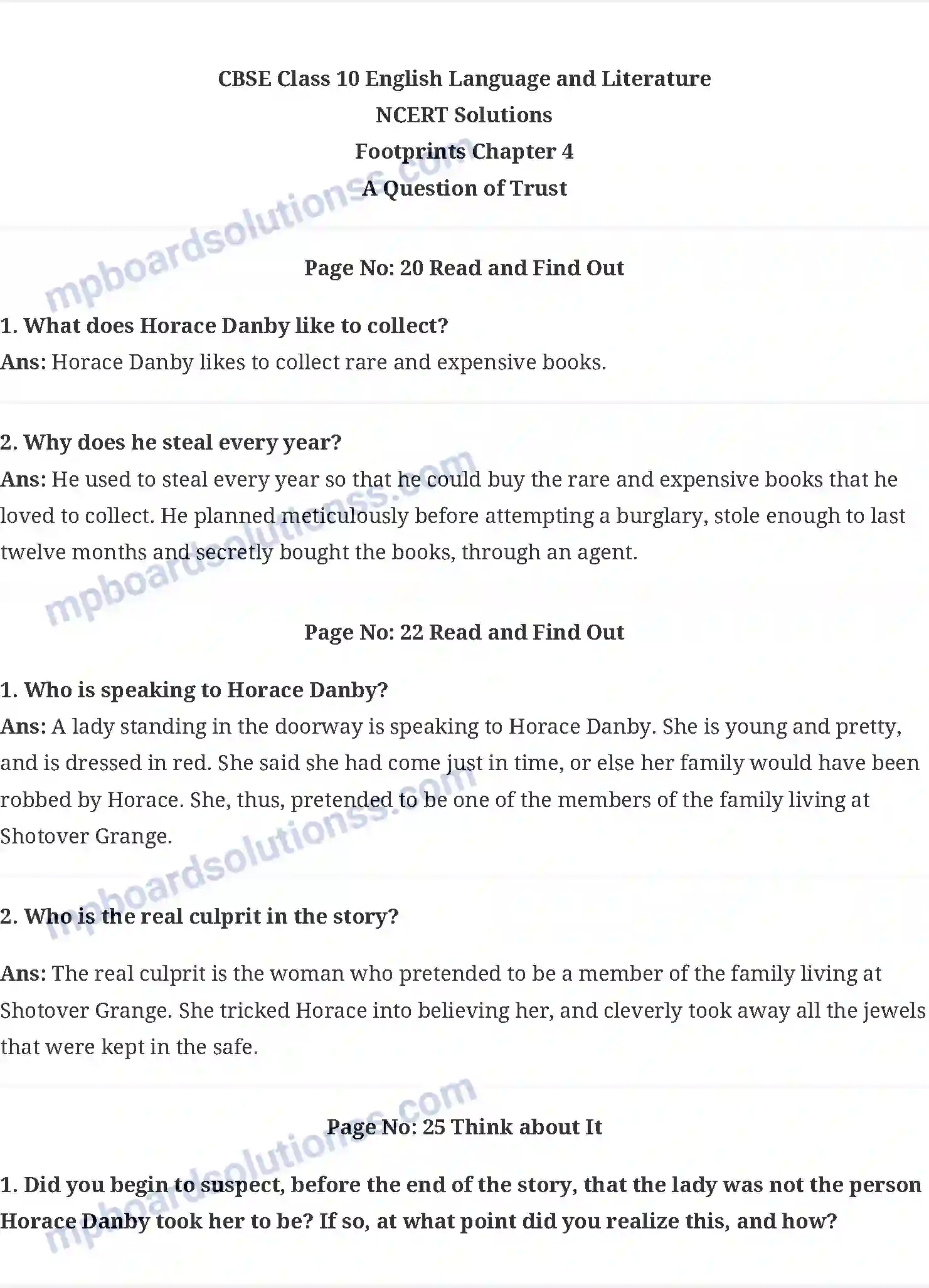 MP Board Book for Class 10 English A Question of Trust Image 1