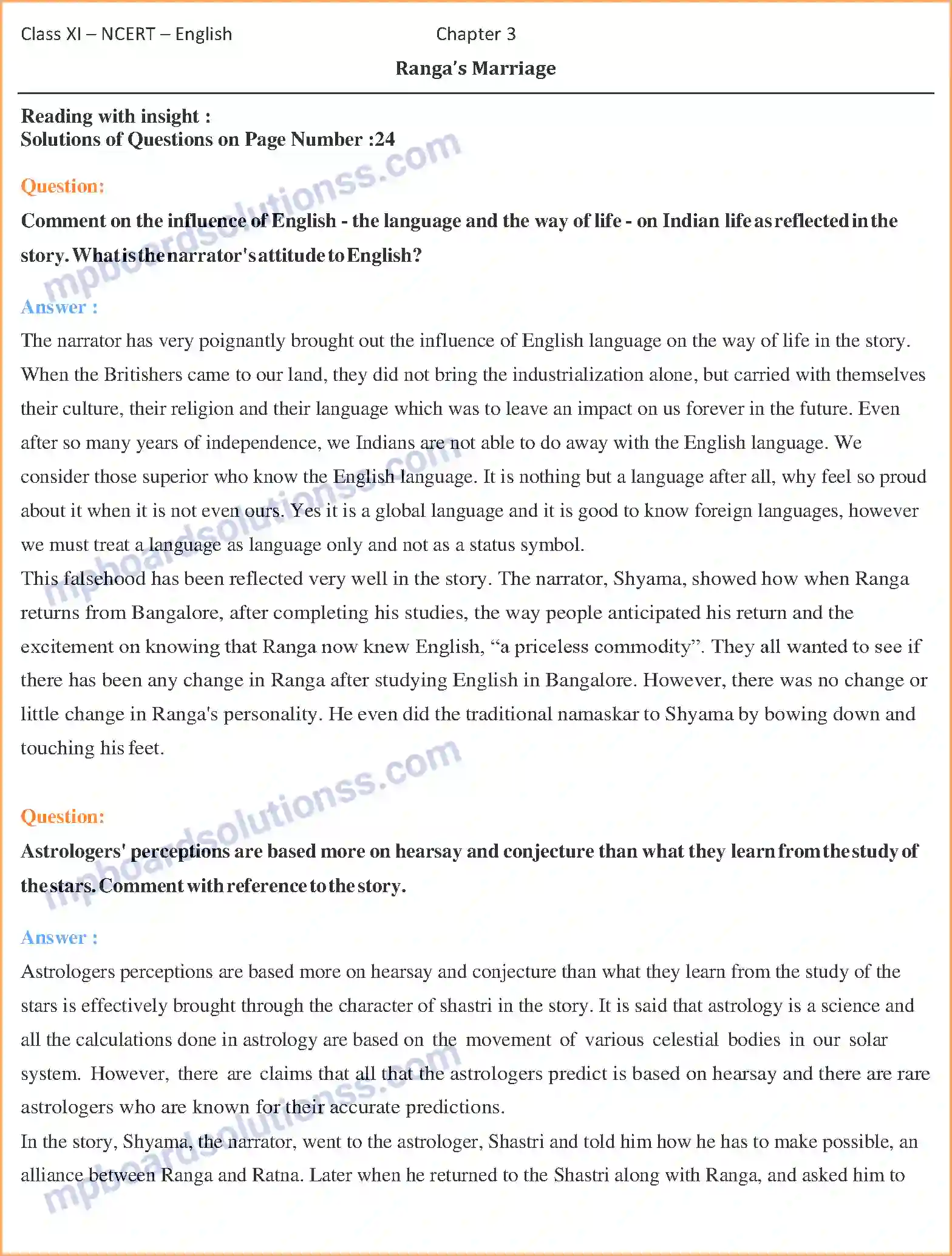 MP Board Book for Class 11 English Ranga’s Marriage Image 1