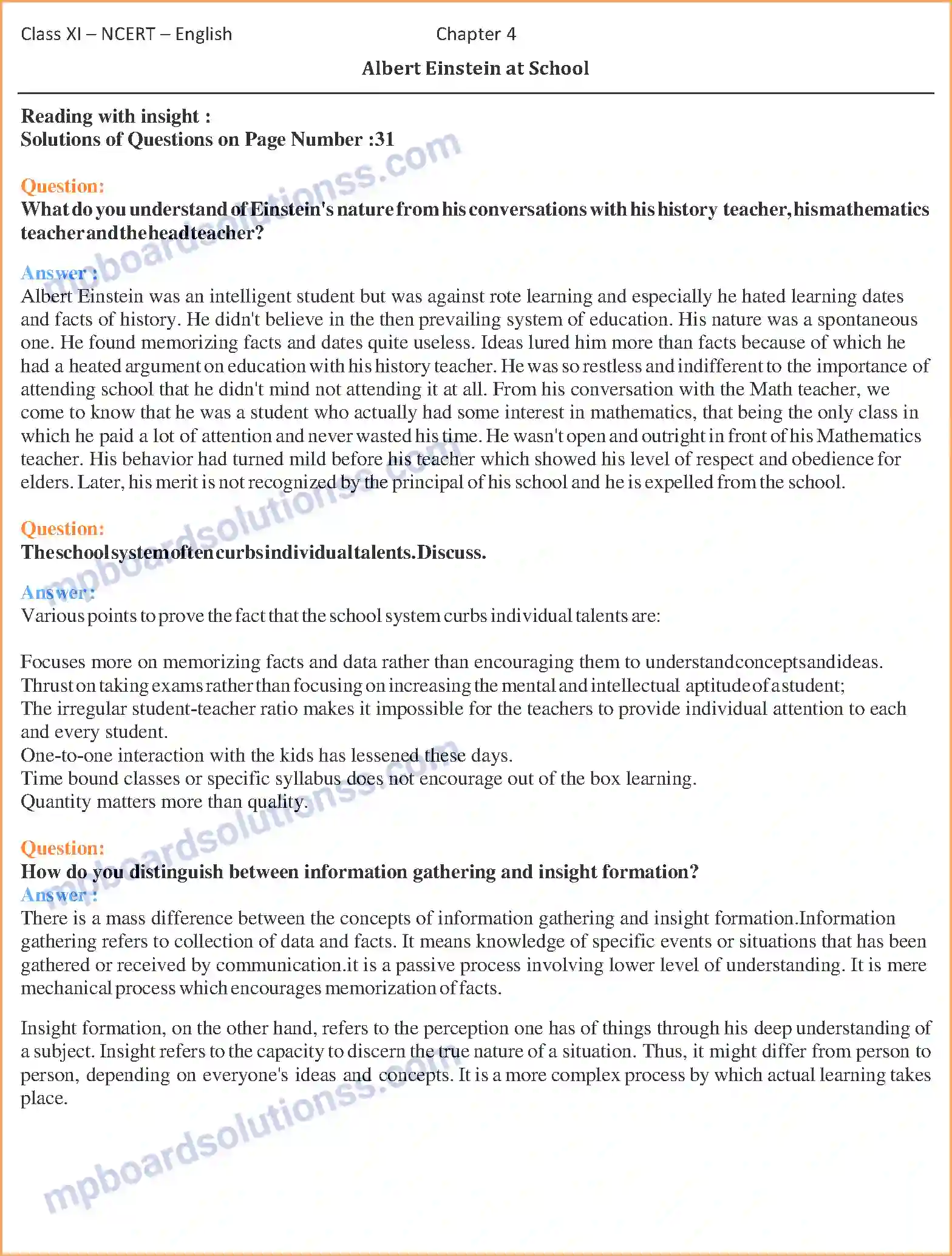 MP Board Book for Class 11 English Albert Einstein at School Image 1