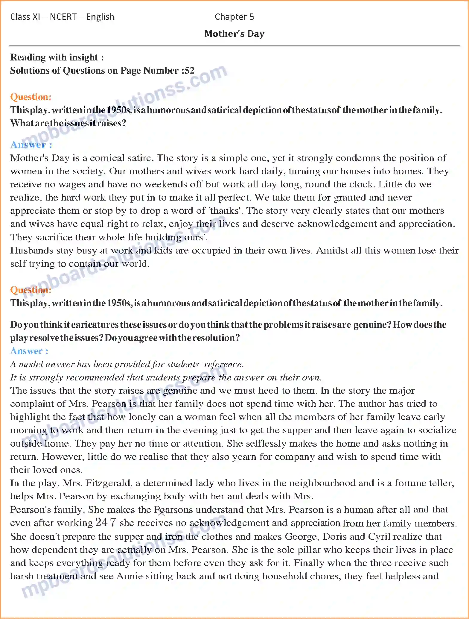 MP Board Book for Class 11 English Mother’s Day Image 1