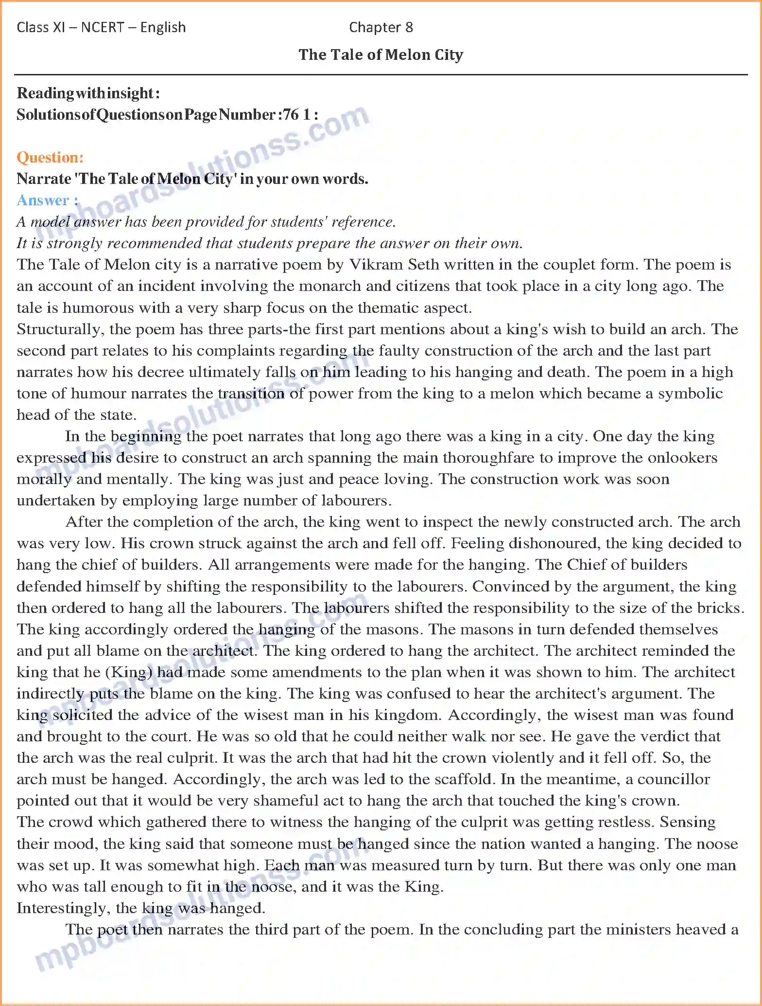 MP Board Book for Class 11 English The Tale of Melon City Image 1