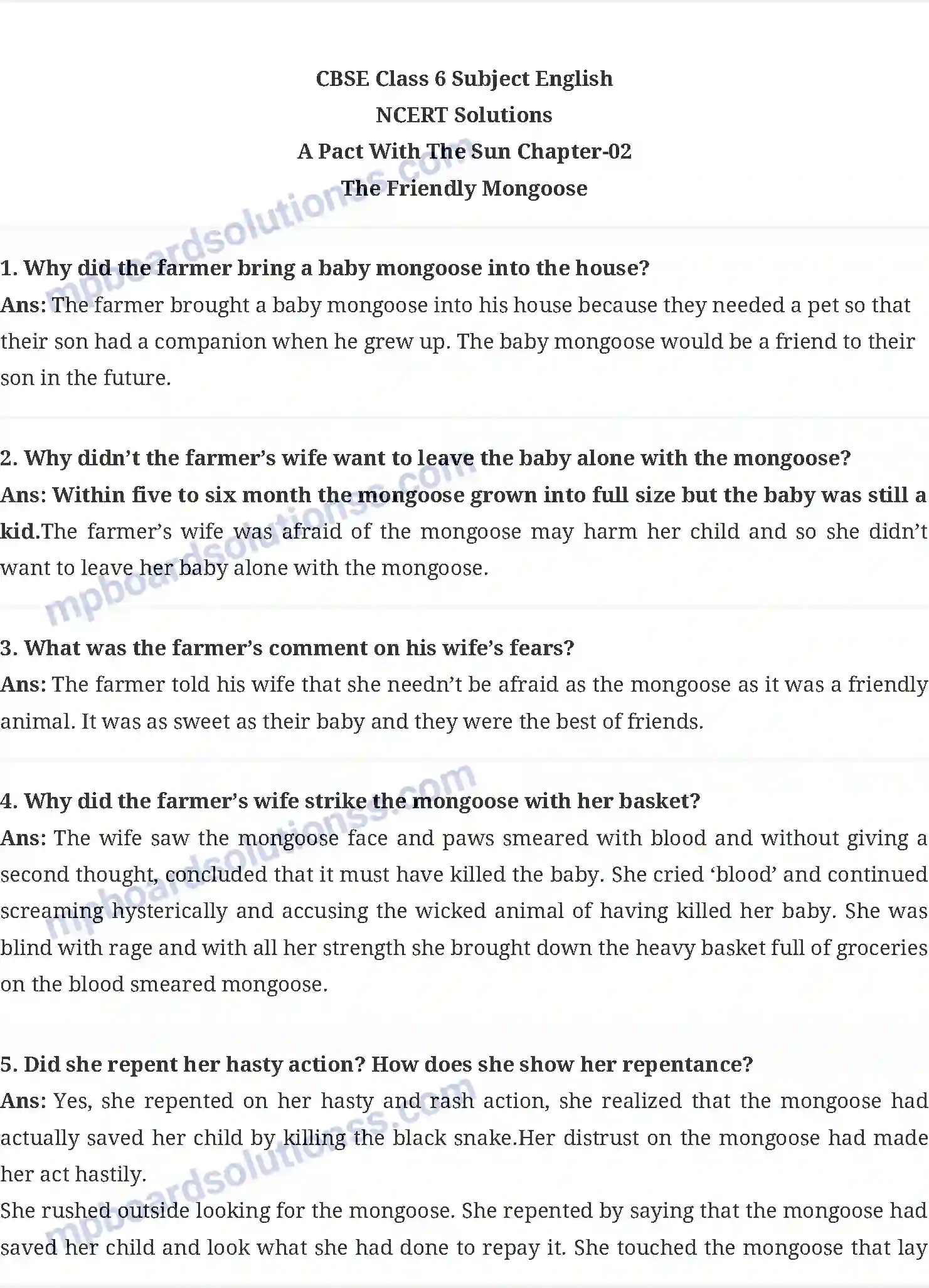 MP Board Book for Class 6 English The Friendly Mongoose Image 1