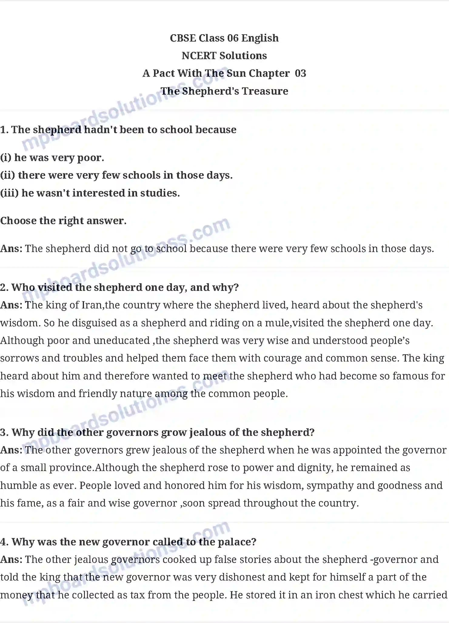 MP Board Book for Class 6 English The Shepherd's Treasure Image 1