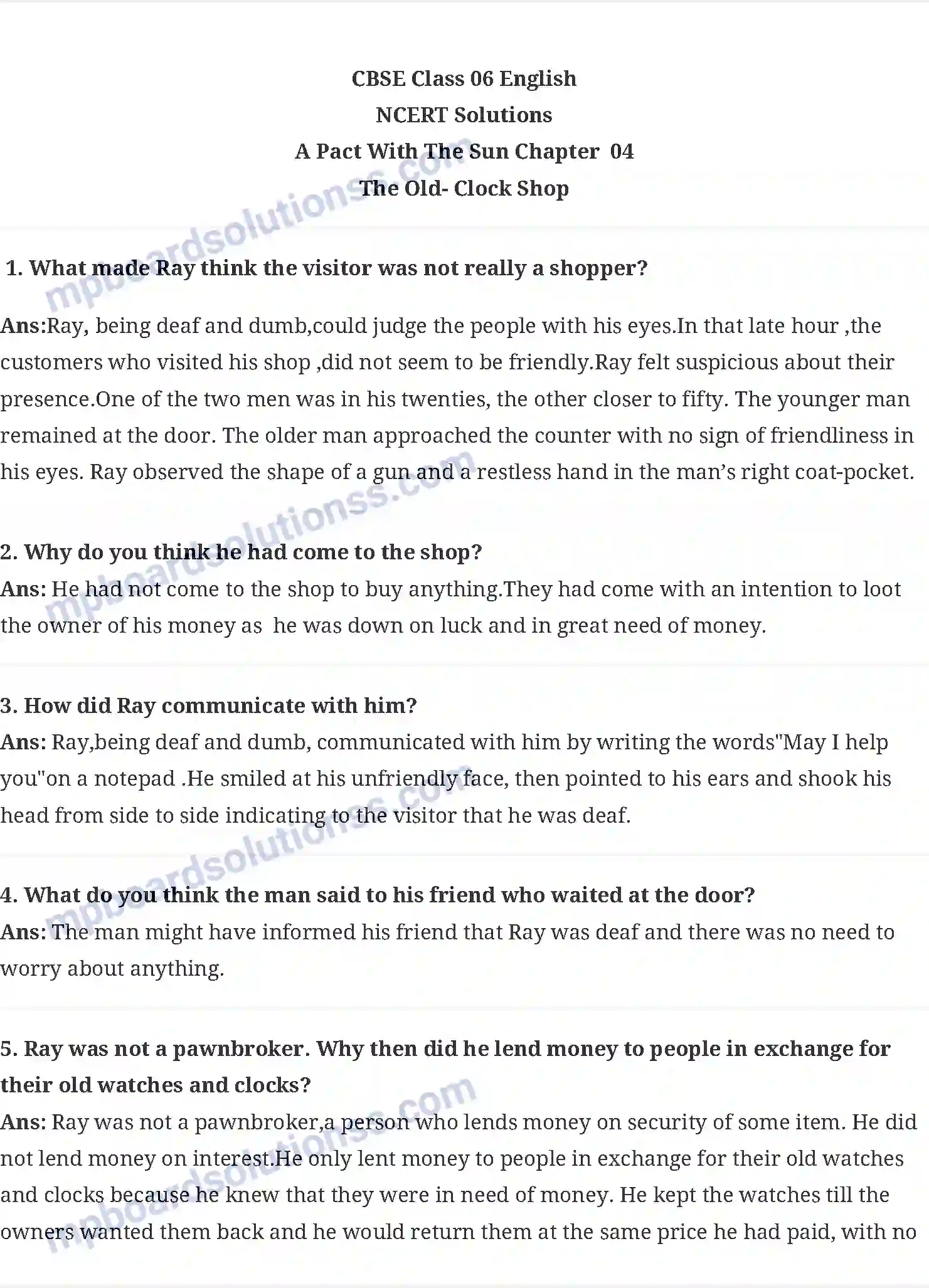 MP Board Book for Class 6 English The Old- Clock Shop Image 1