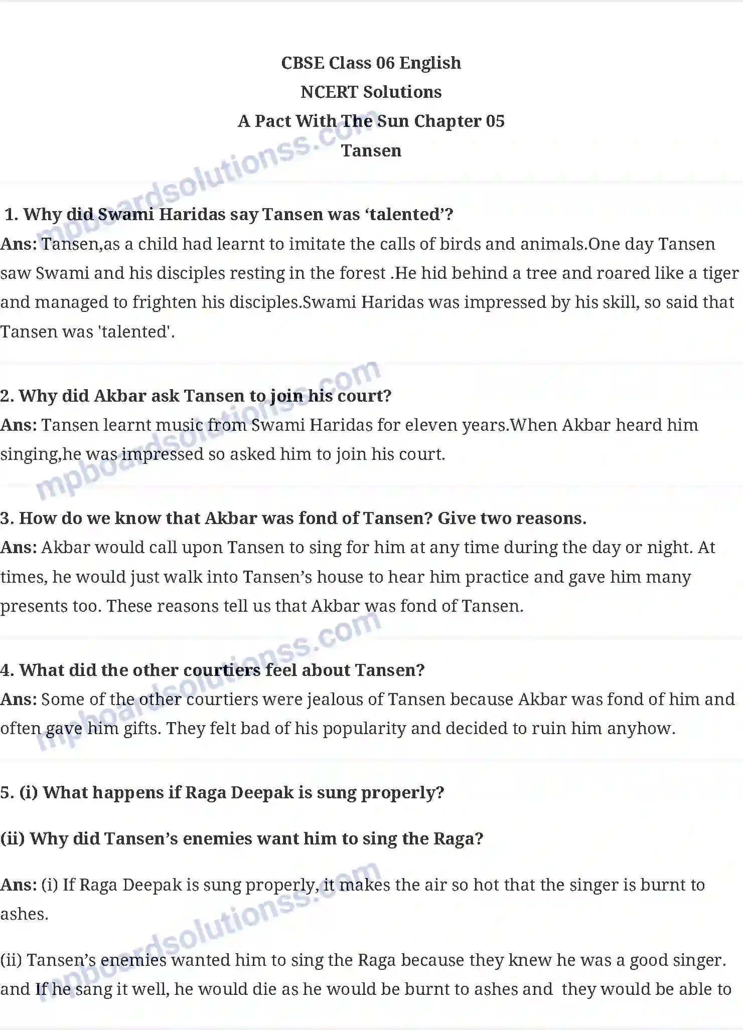 MP Board Book for Class 6 English Tansen Image 1