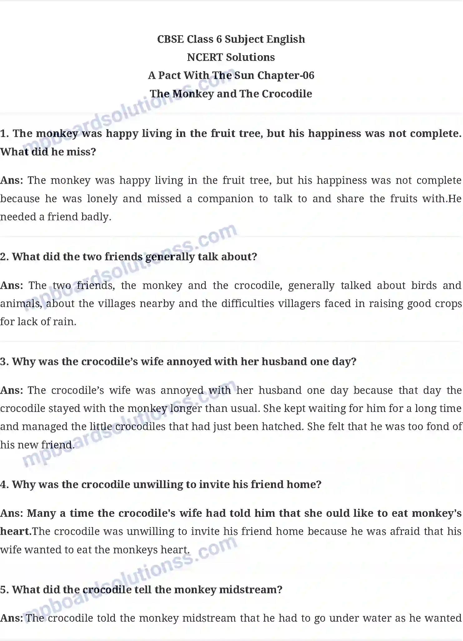 MP Board Book for Class 6 English The Monkey and The Crocodile Image 1