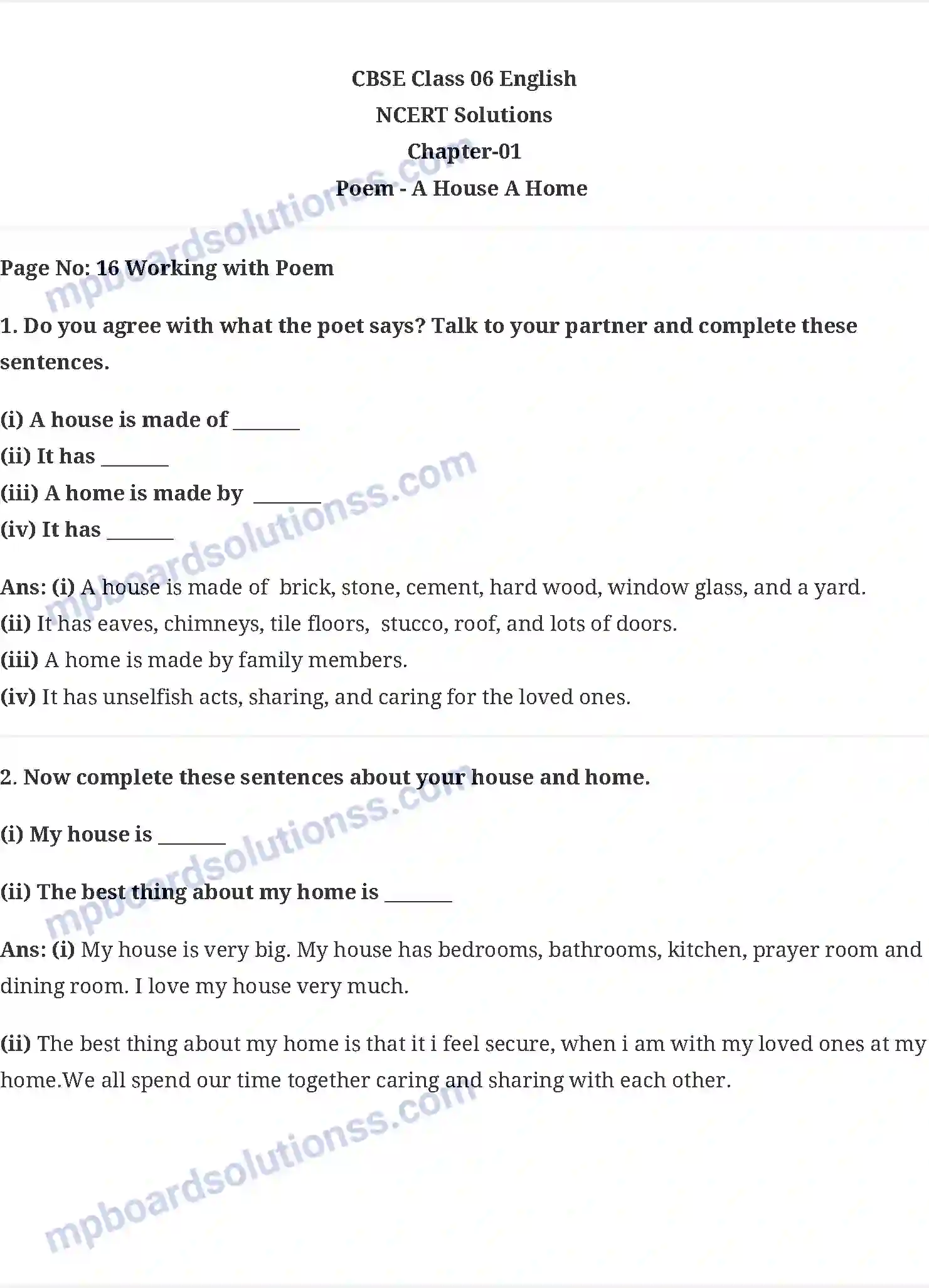 MP Board Book for Class 6 English A House a Home (Poem) Image 1