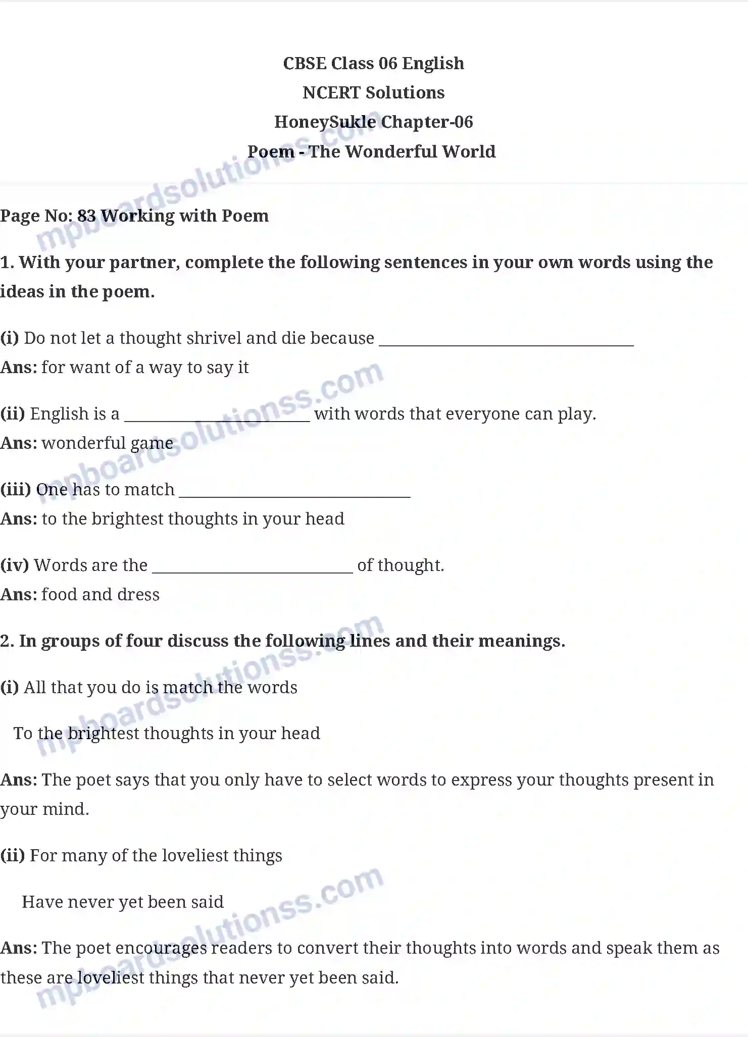 MP Board Book for Class 6 English The Wonderful World (Poem) Image 1