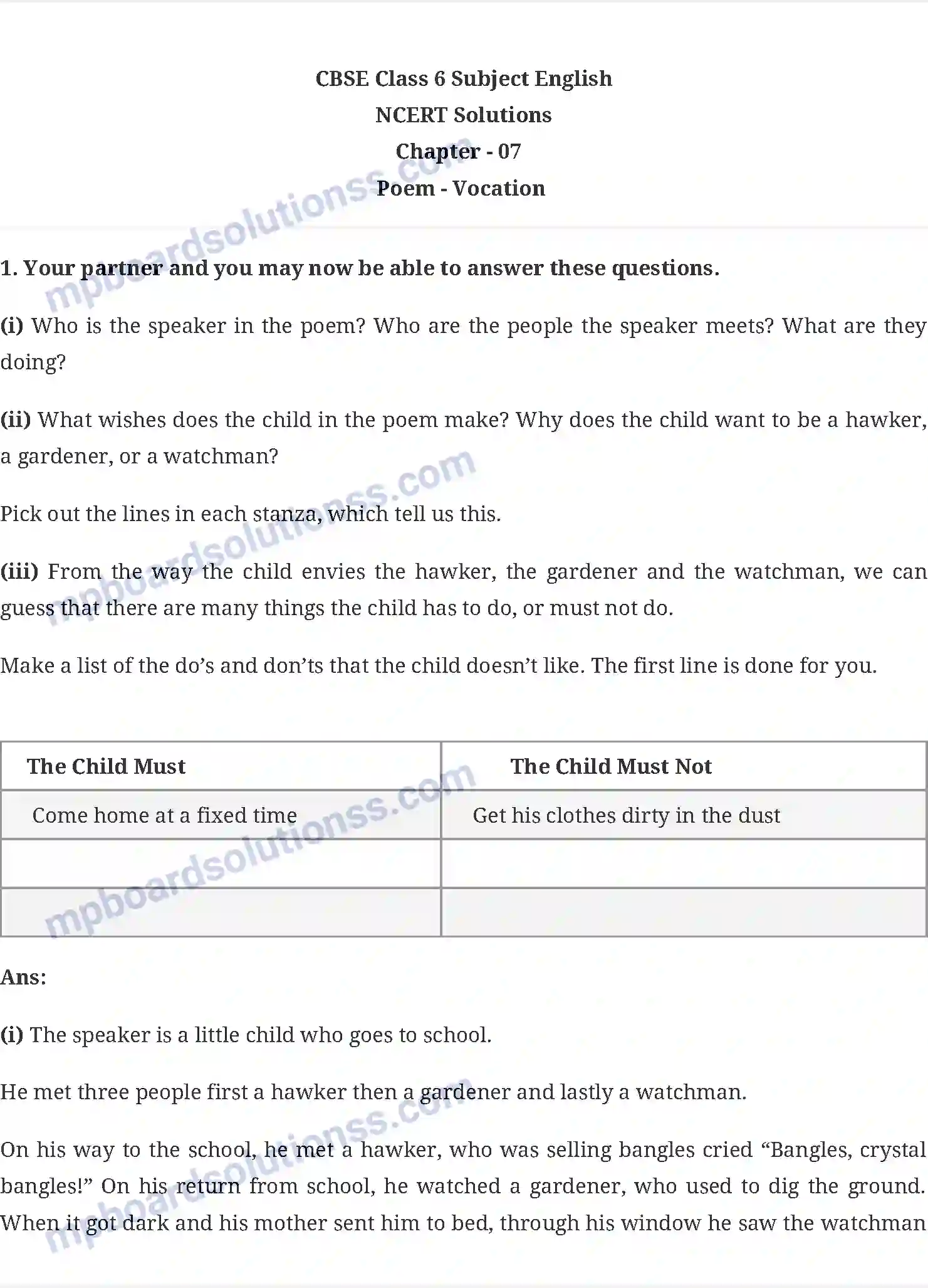 MP Board Book for Class 6 English Vocation (Poem) Image 1