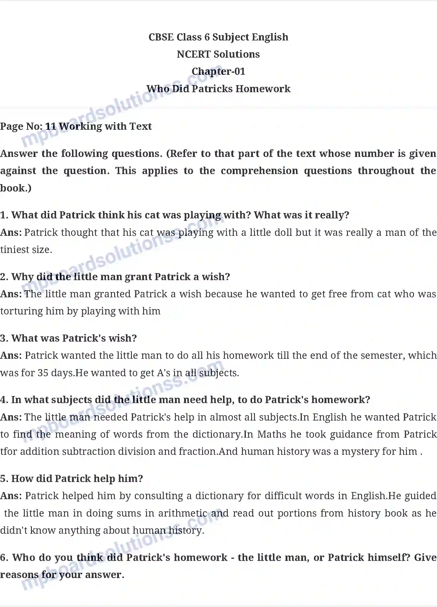 MP Board Book for Class 6 English Who Did Patricks Homework Image 1