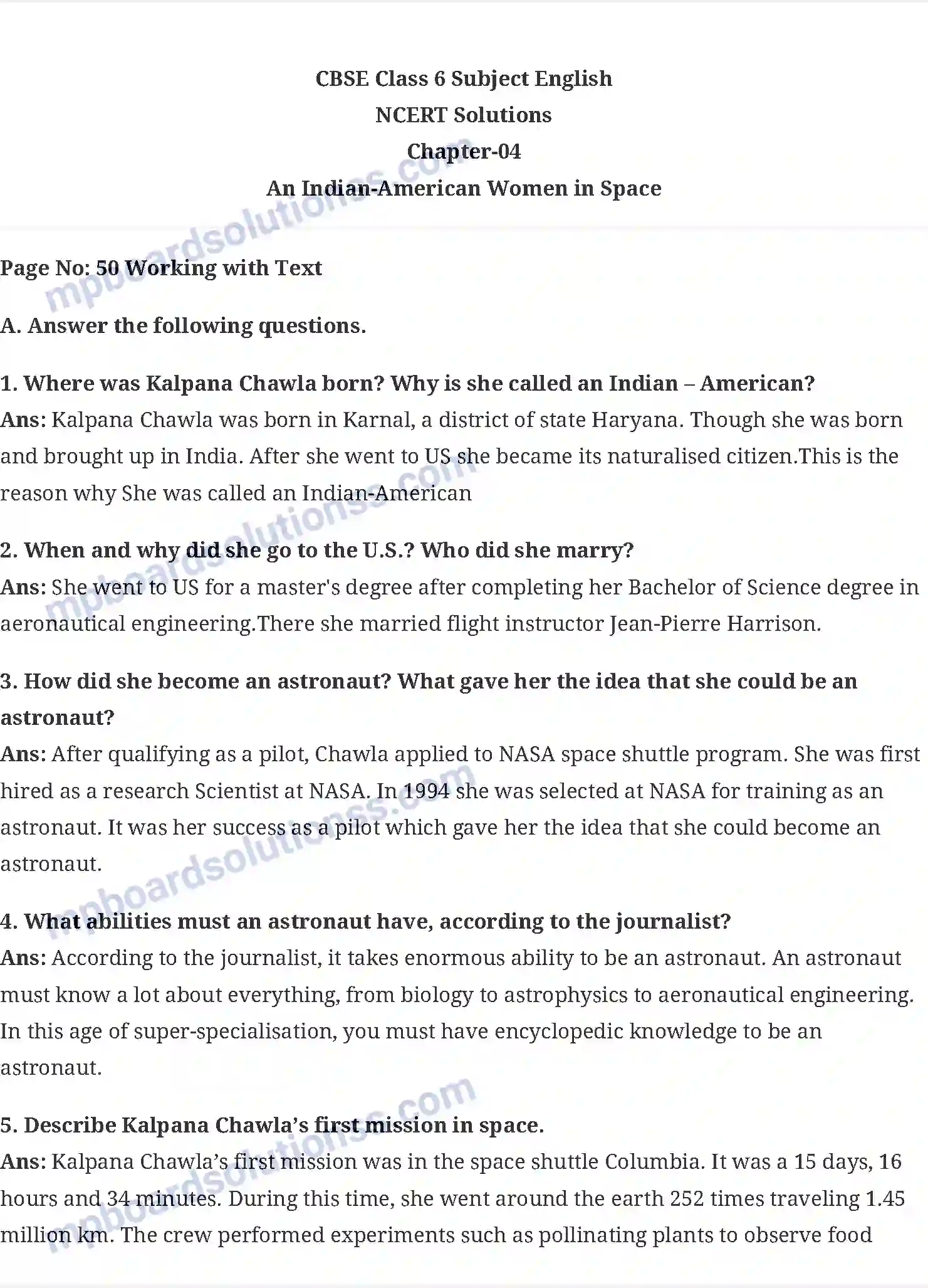 MP Board Book for Class 6 English An Indian American Women in Space Image 1