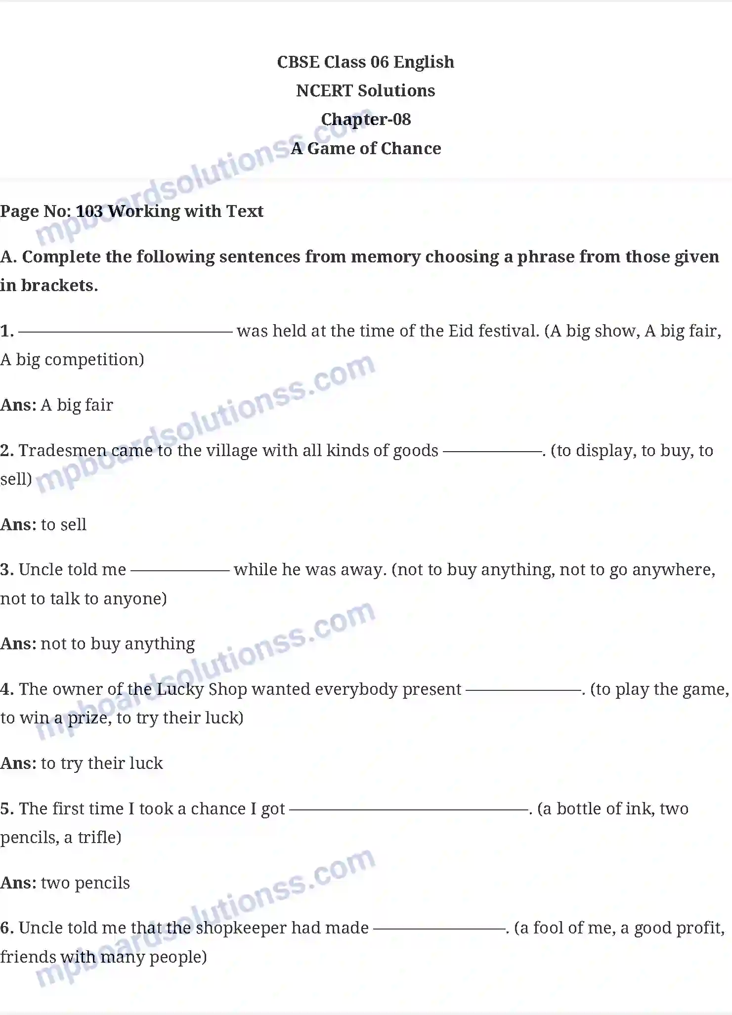 MP Board Book for Class 6 English A Game of Chance Image 1