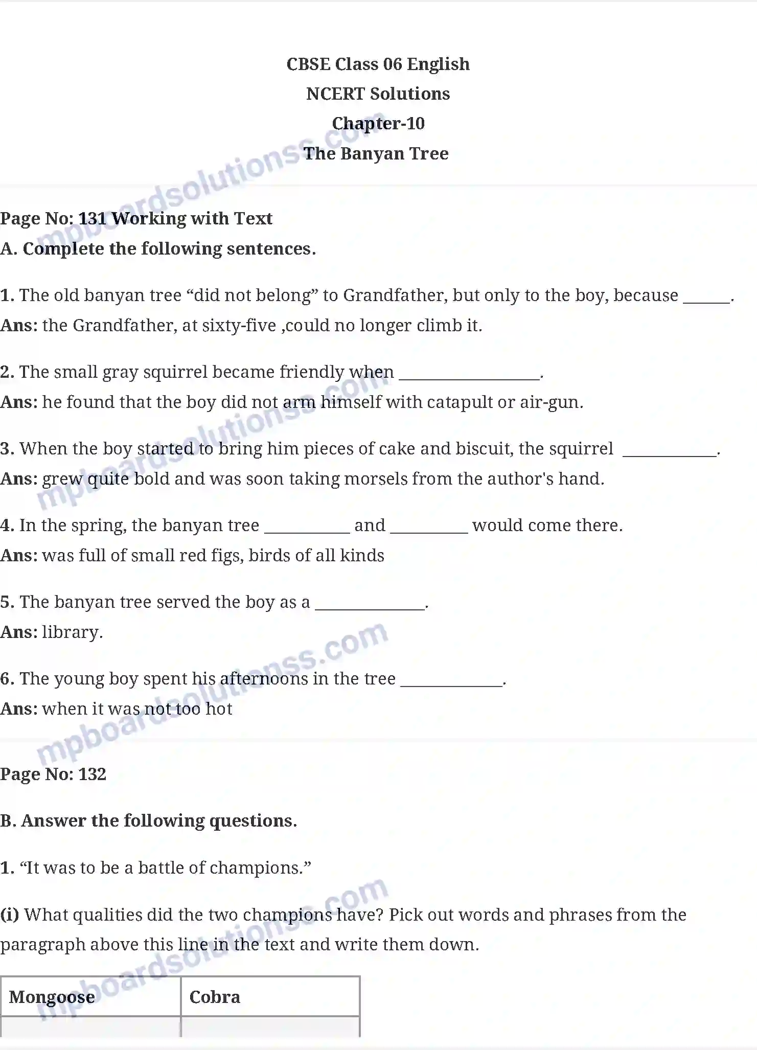 MP Board Book for Class 6 English The Banyas Tree Image 1