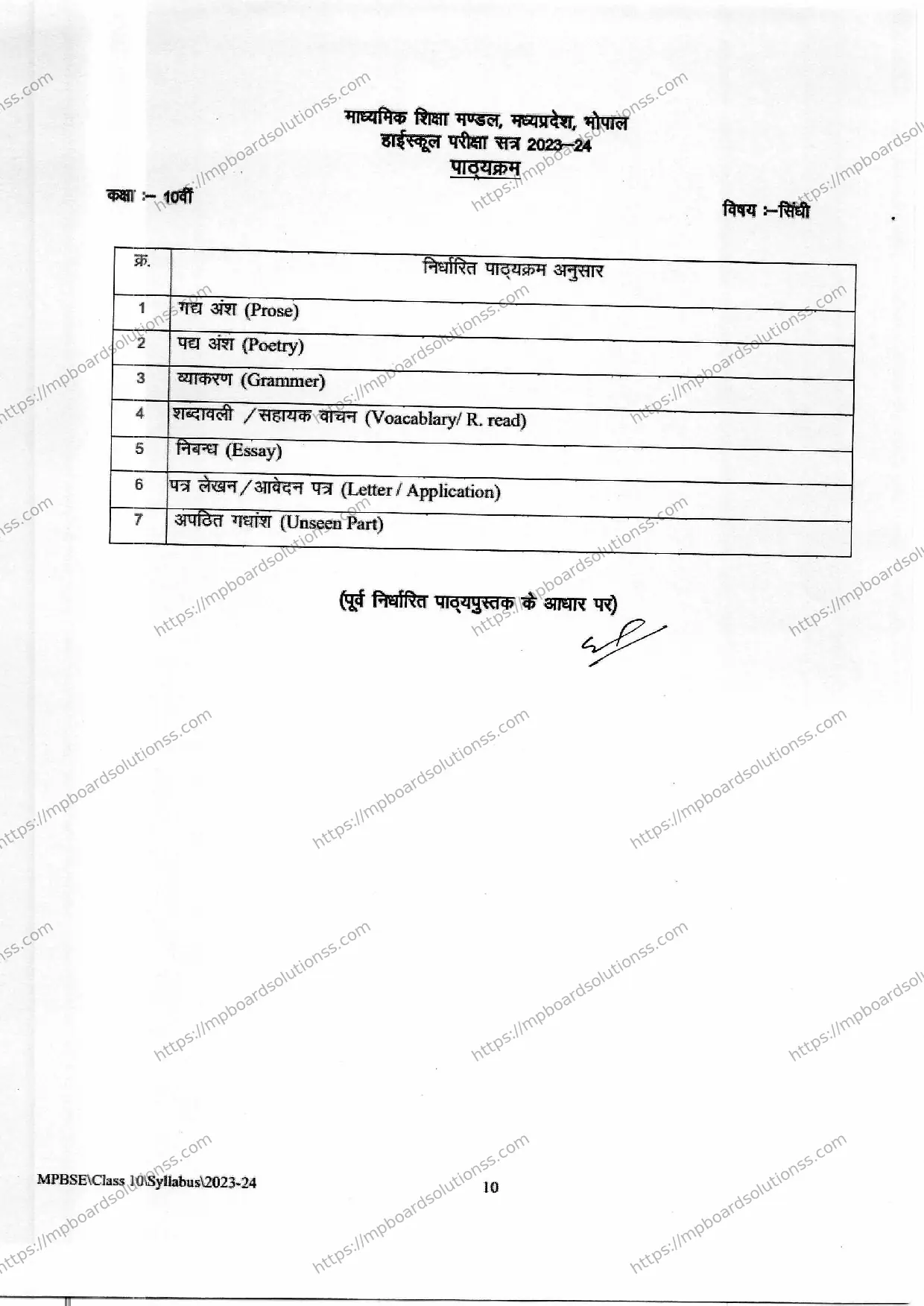 MP Board Class 10 Sindhi 2023-24 Syllabus Image 2