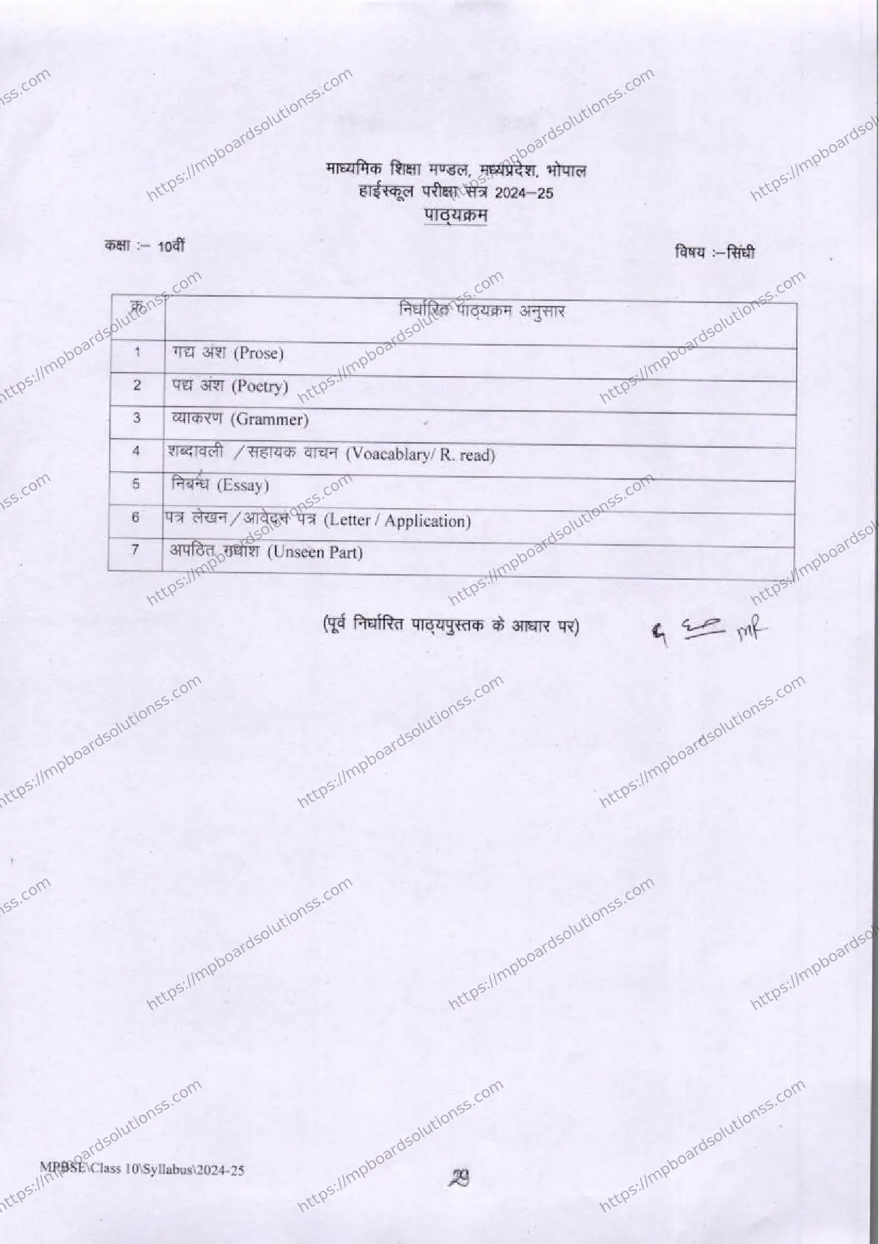 MP Board Class 10 Sindhi 2024-25 Syllabus Image 2