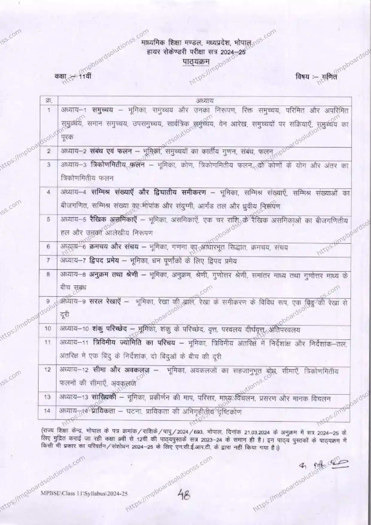 MP Board Class 11 Mathematics 2024-25 Syllabus Image 2
