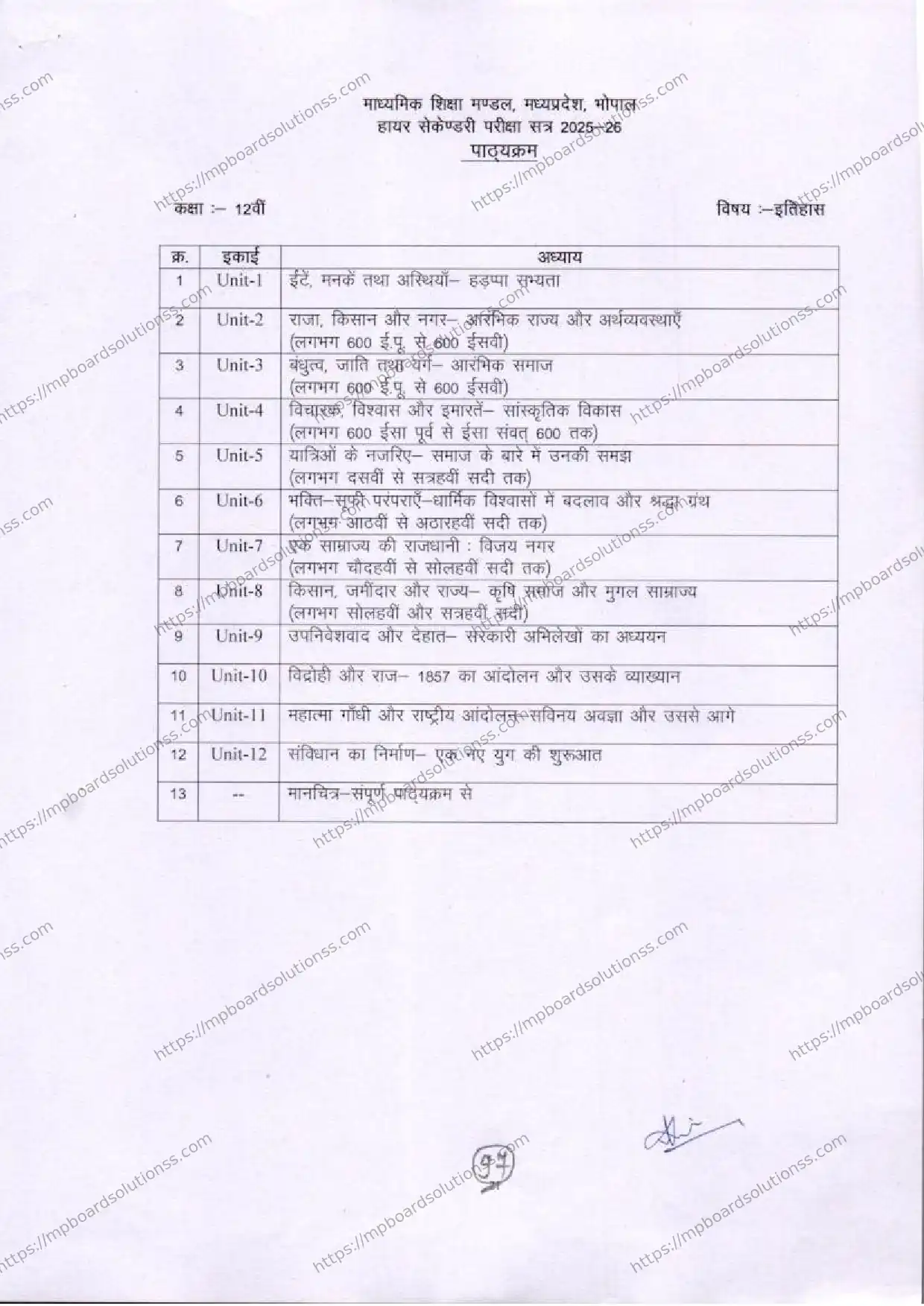 MP Board Class 12 History 2025-26 Syllabus Image 1